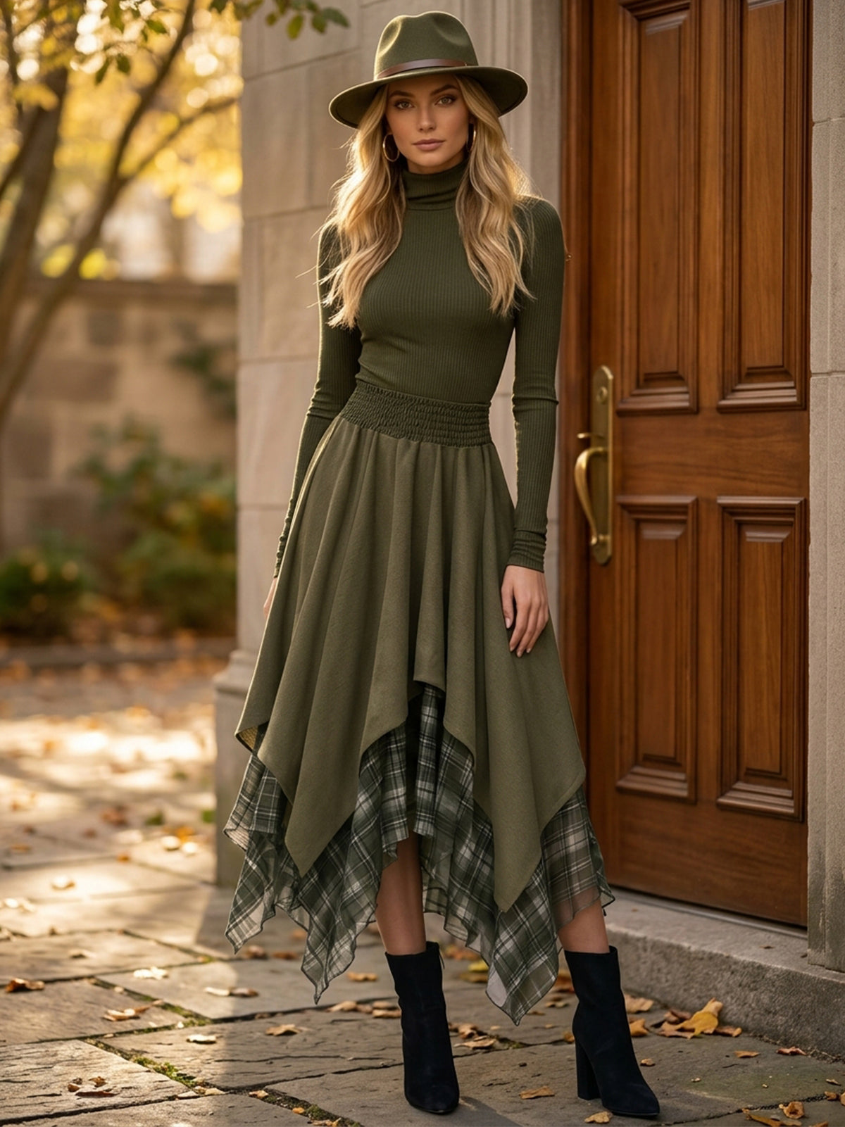 Olive Green Mock Neck Asymmetric Plaid Hem Midi Dress