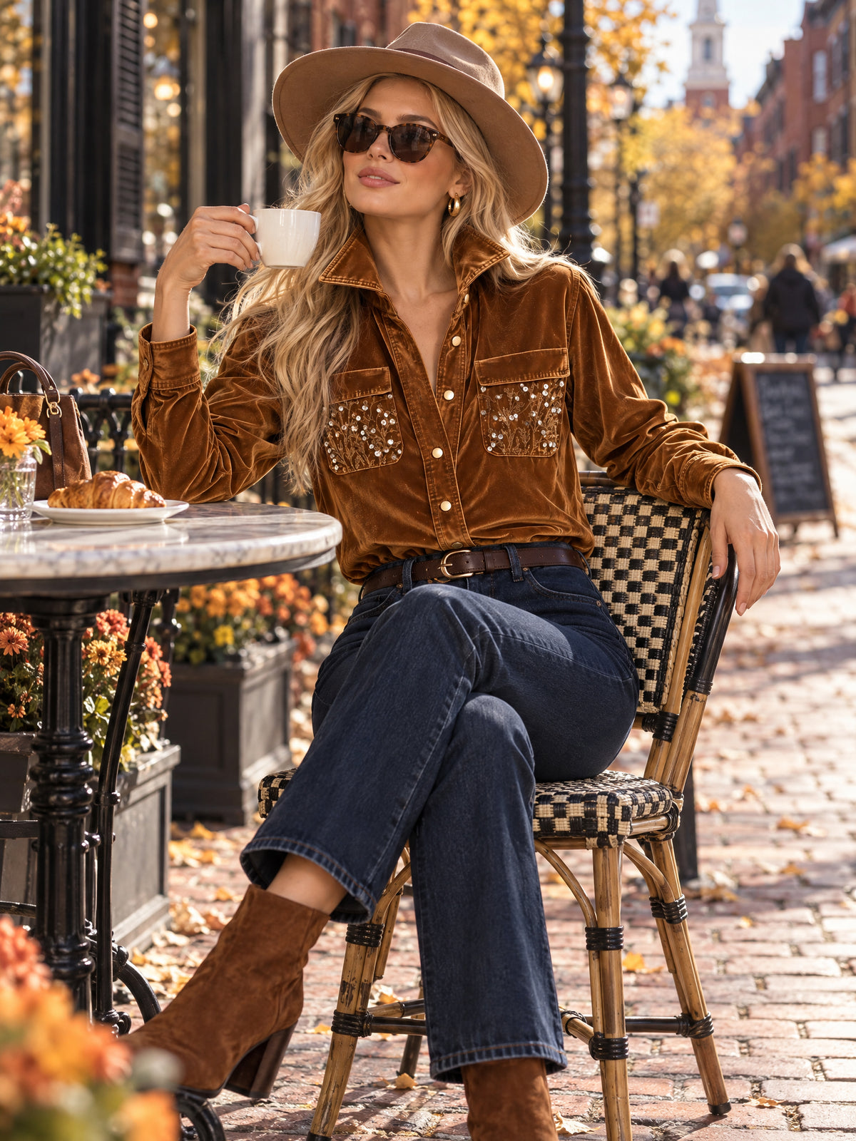 Velvet Embroidered Pocket Button Down Blouse
