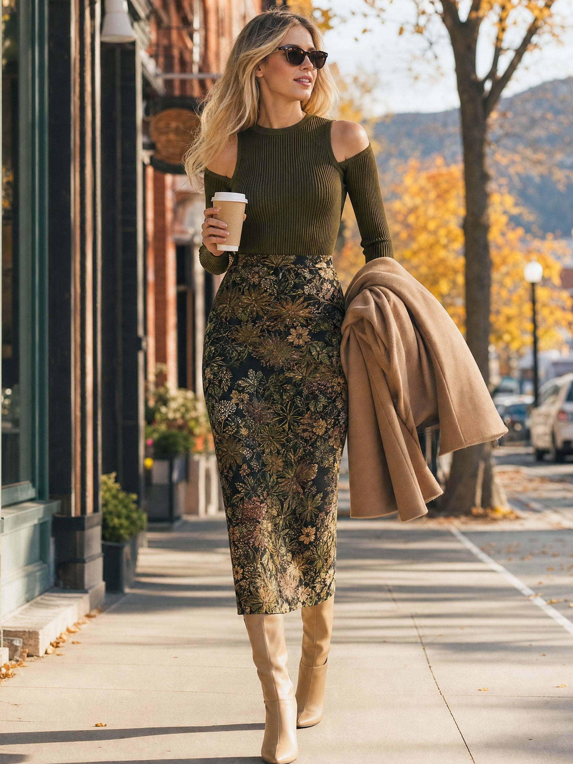 Cold‑Shoulder Knit Top & Floral Midi Skirt Set