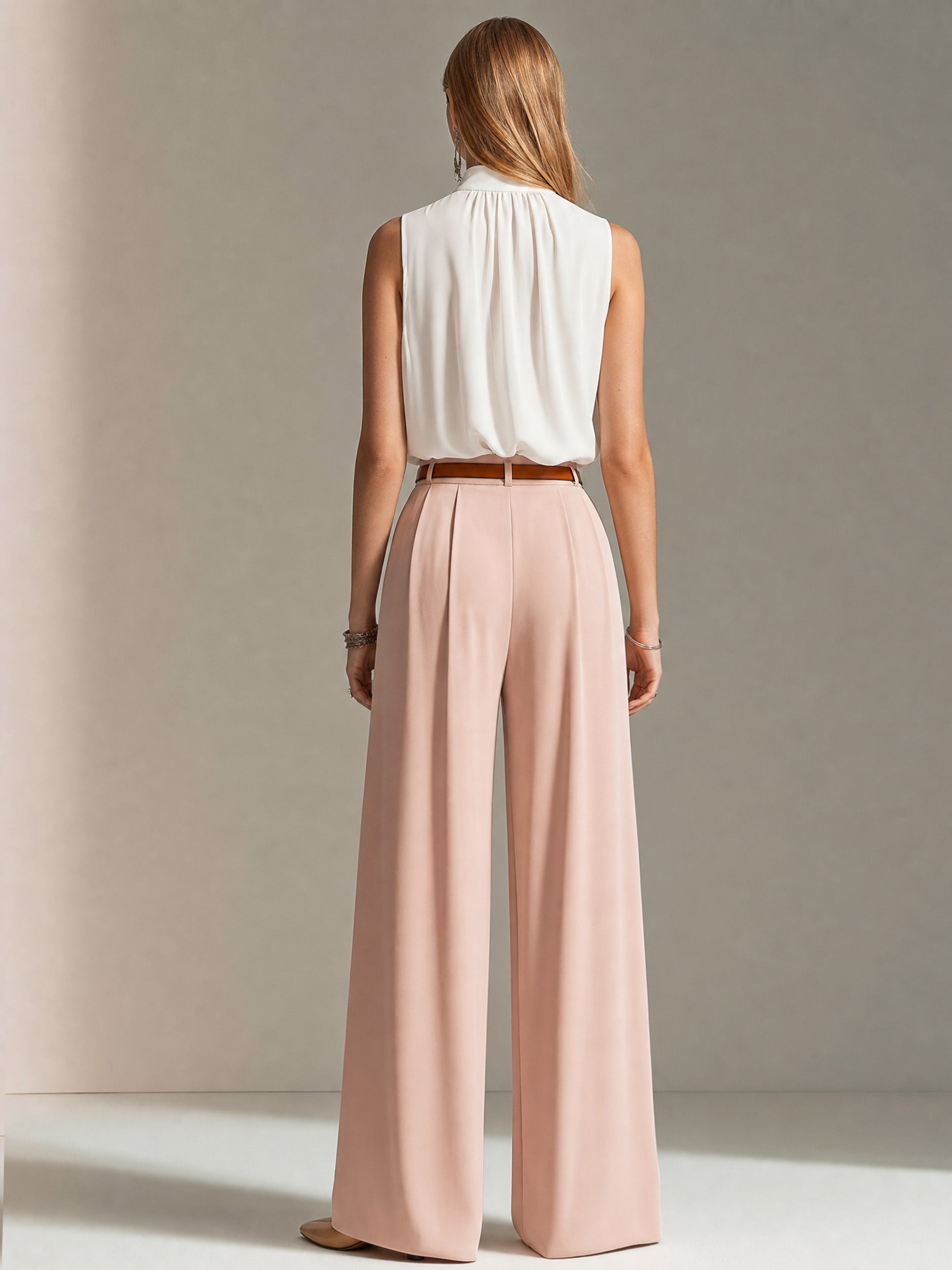 Elegant Sleeveless Chiffon Top & Pink Wide-leg Suit Trouser Set