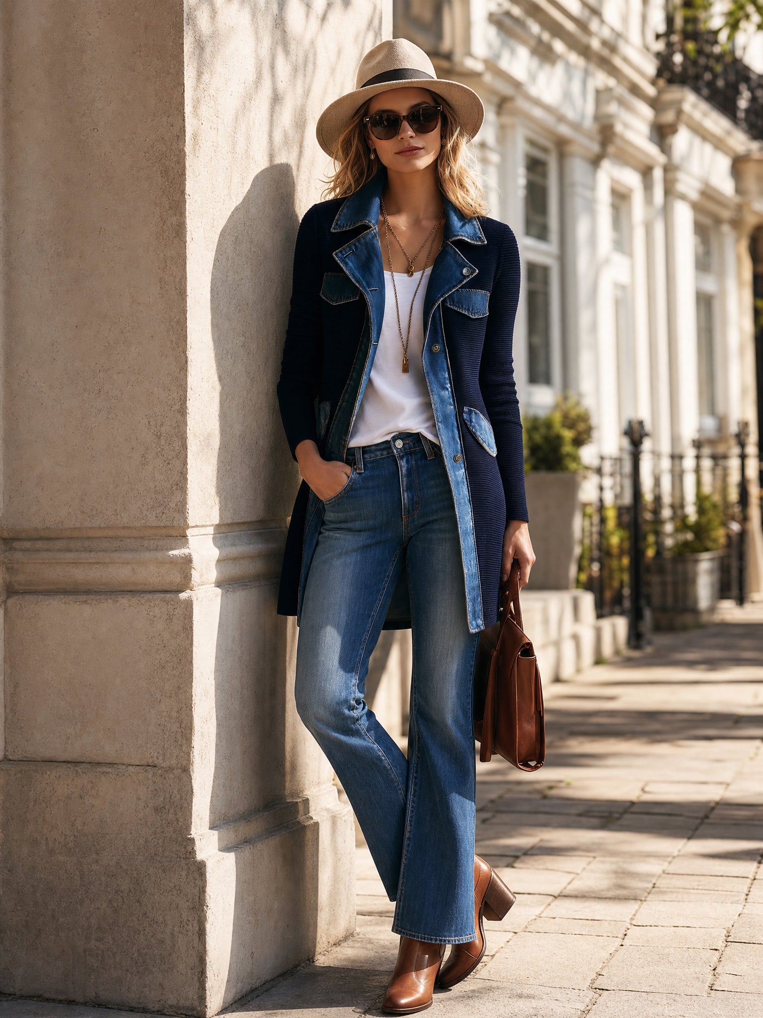 Denim‑Trim Mid‑Length Jacket Outerwear