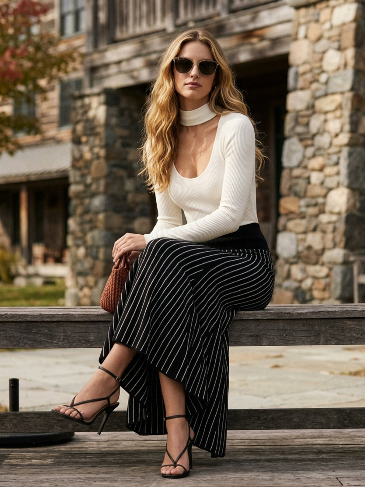 Choker Tie-Back Knit Top & Pinstripe Maxi Skirt Set