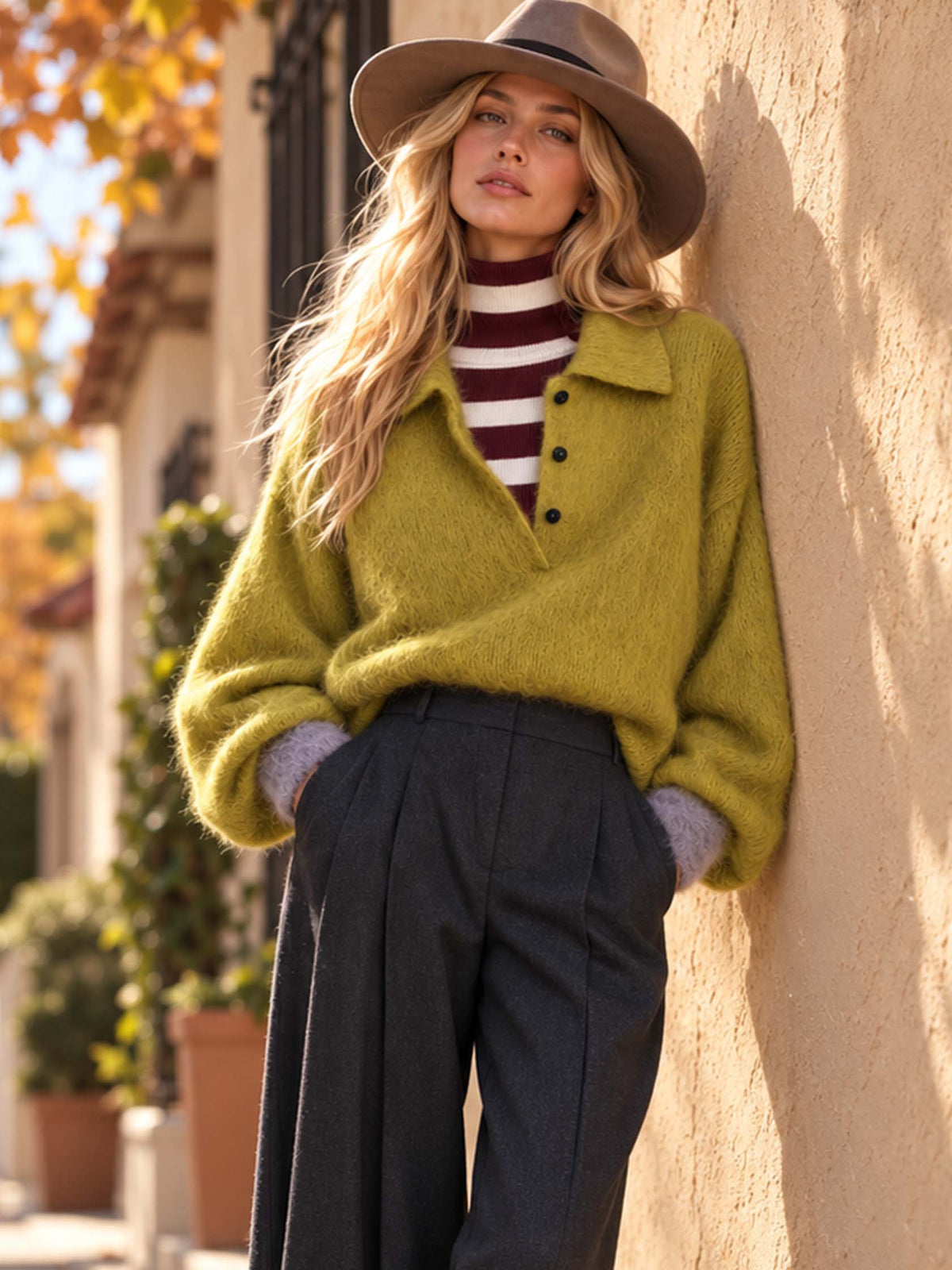 Cress Green Fuzzy Knit Polo Collar Half-Button Placket Sweater