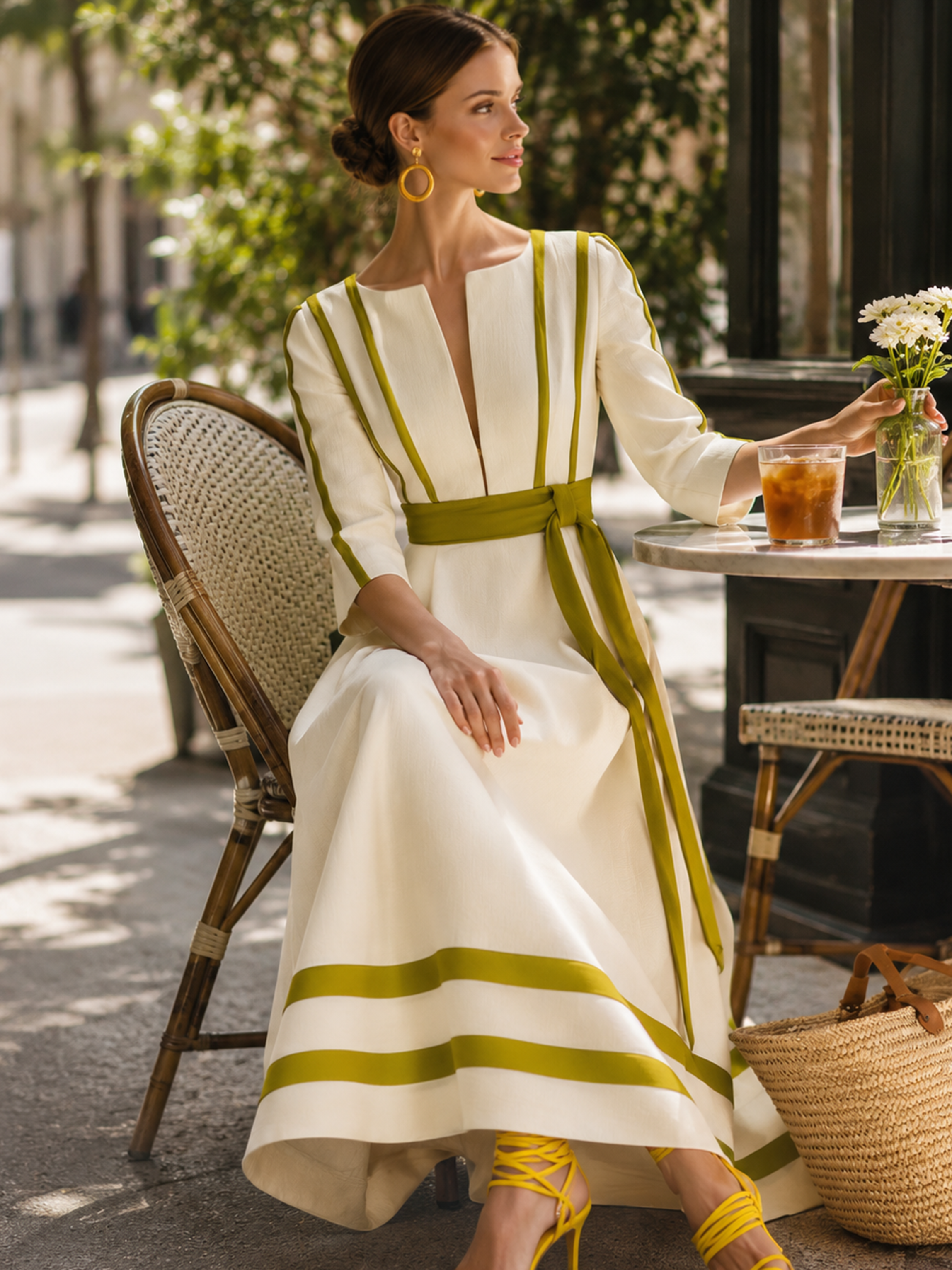 Midi Dress, Cream With Olive Contrast Piping & Belt