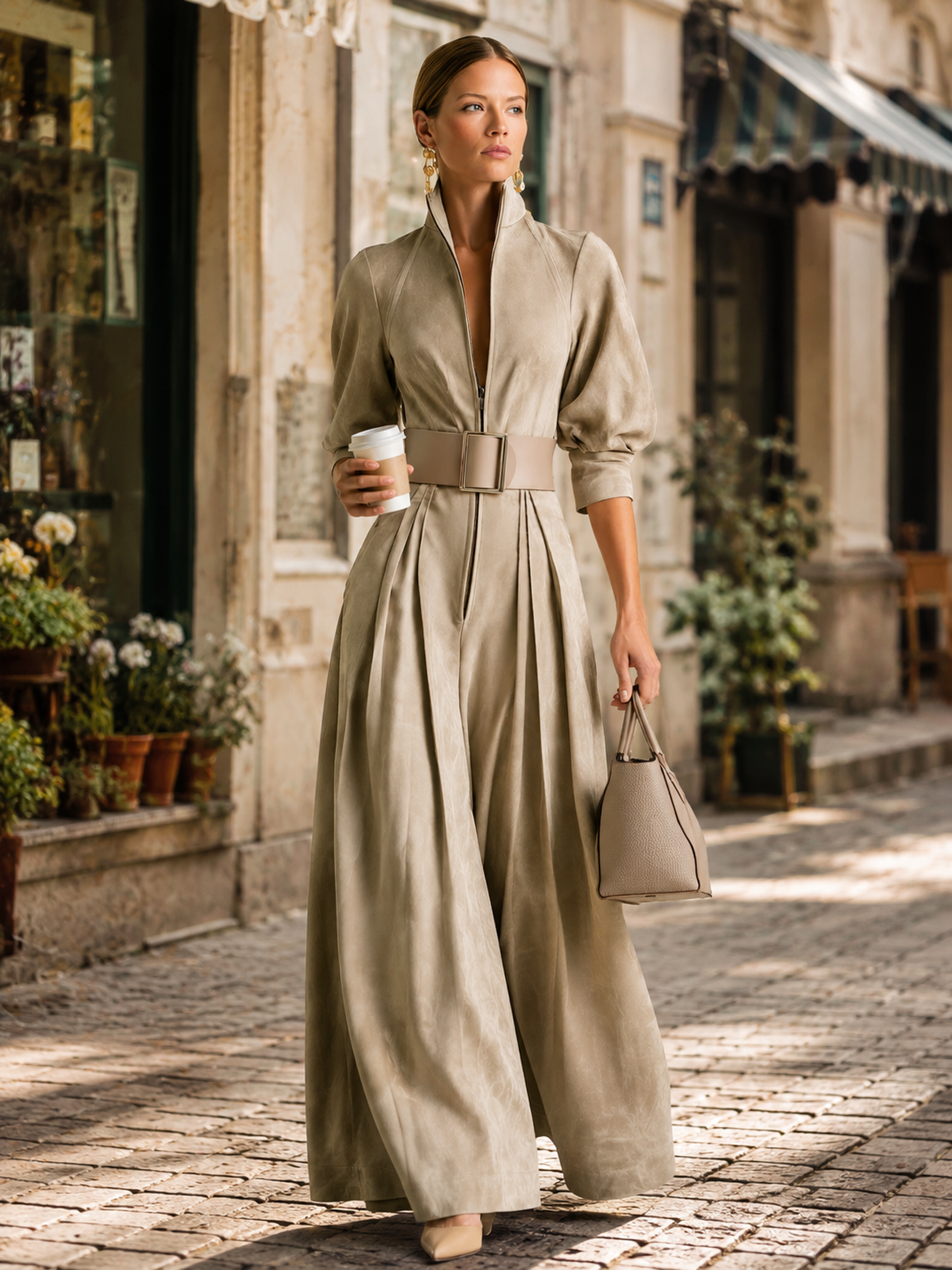 Elegant Light Khaki Stand Collar Wide Buckle Waist Jumpsuit