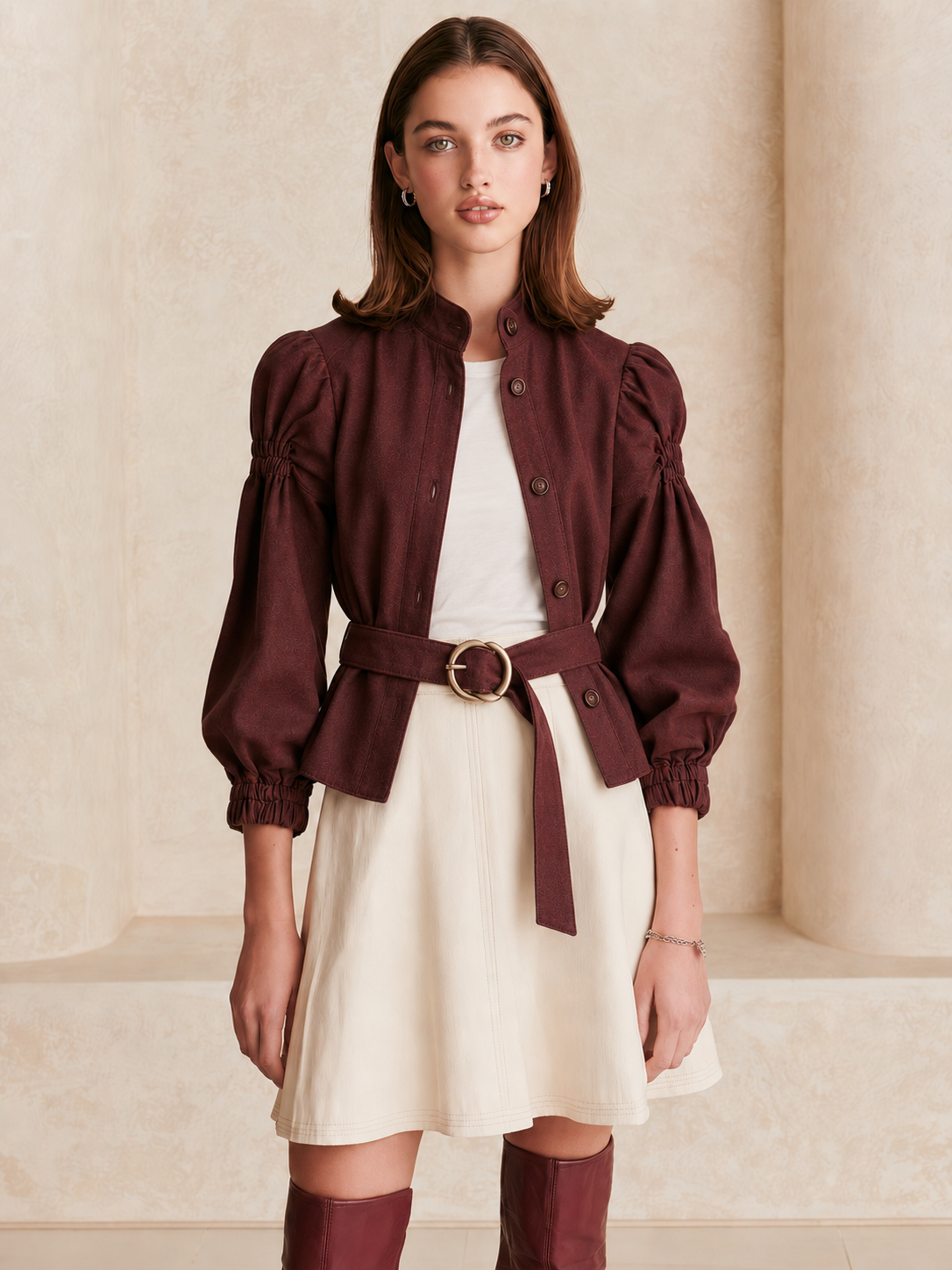 Elegant Burgundy Jacket With A Nipped-in Waist And Puff Sleeves.