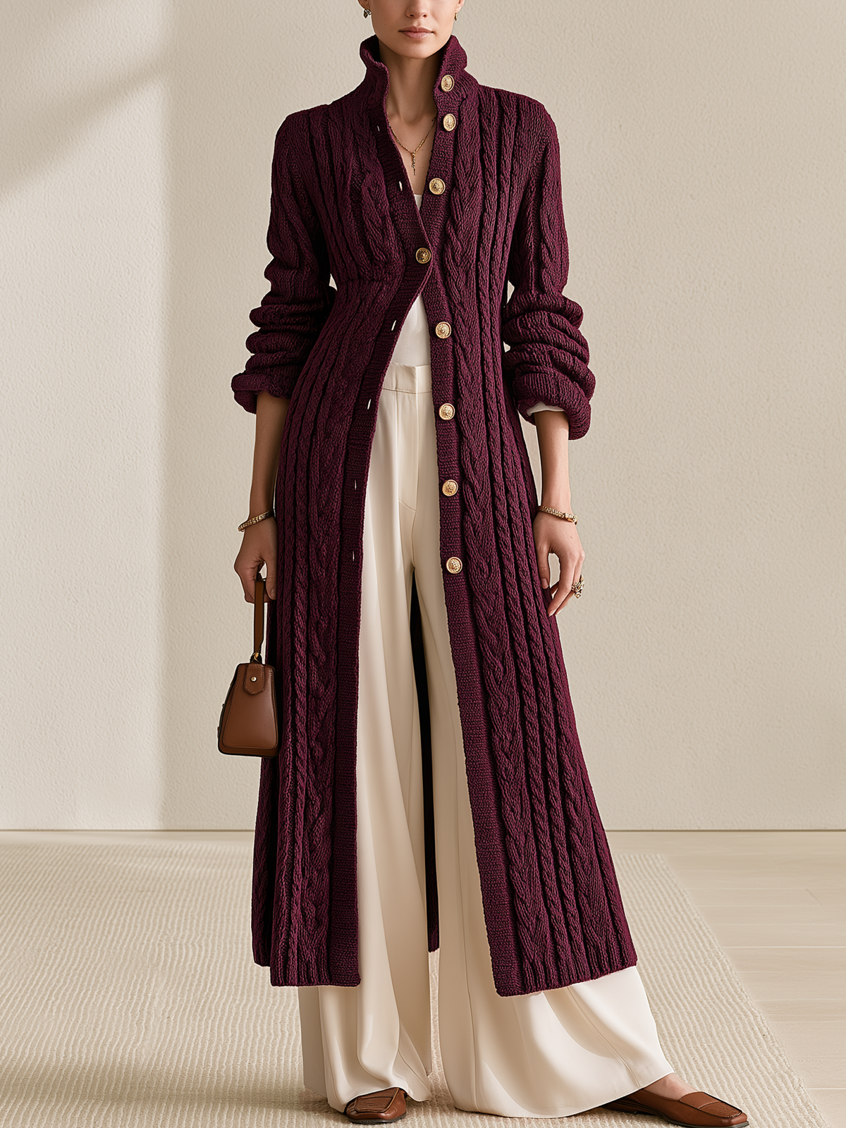 Burgundy Cable‑Knit Stand‑Collar Gold‑Button Maxi Cardigan