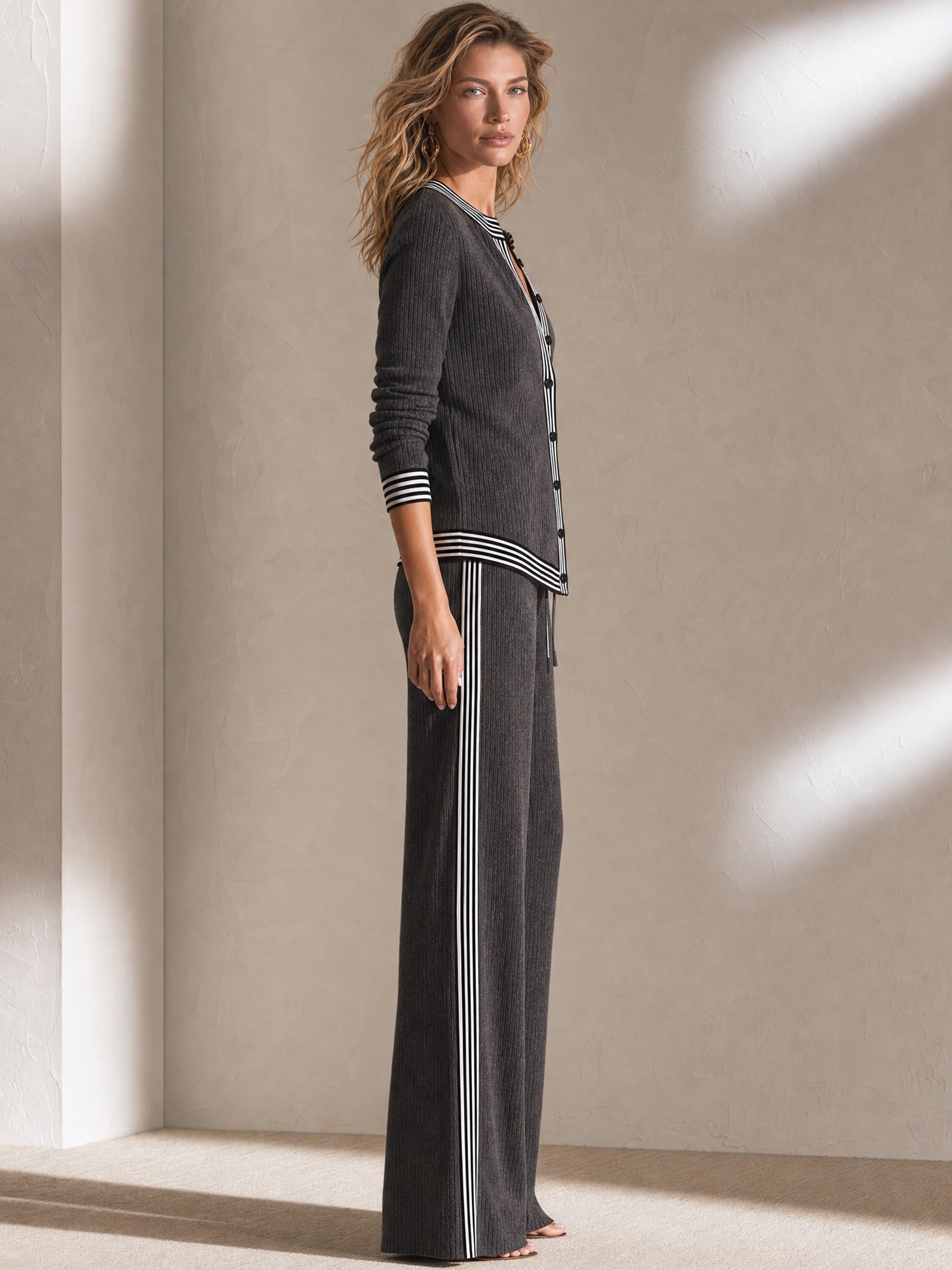 Contrast‑Trim Knit V‑Neck Cardigan & Wide‑Leg Trousers Set