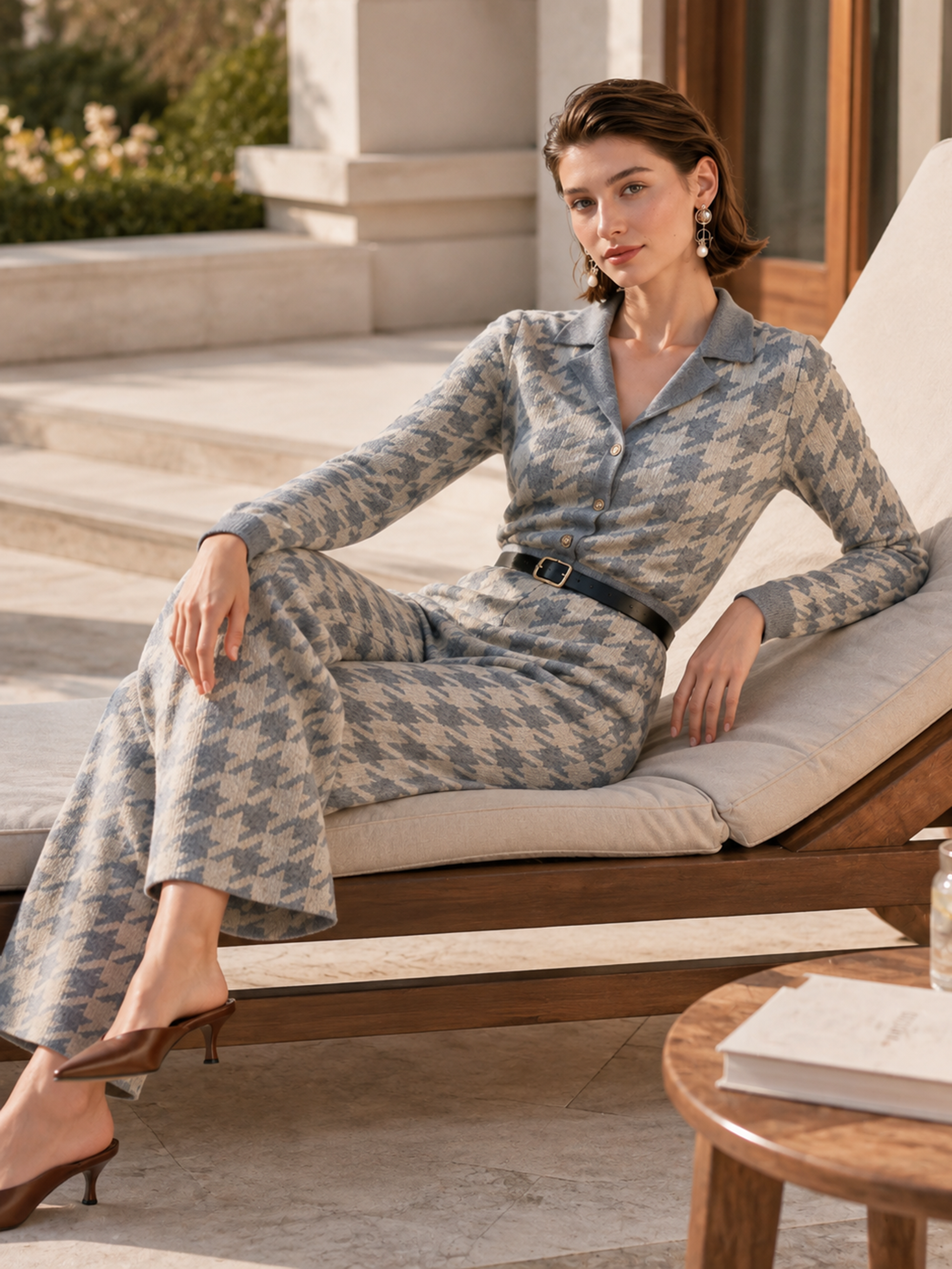 Elegant Light Gray & Ivory Houndstooth Knit Jumpsuit