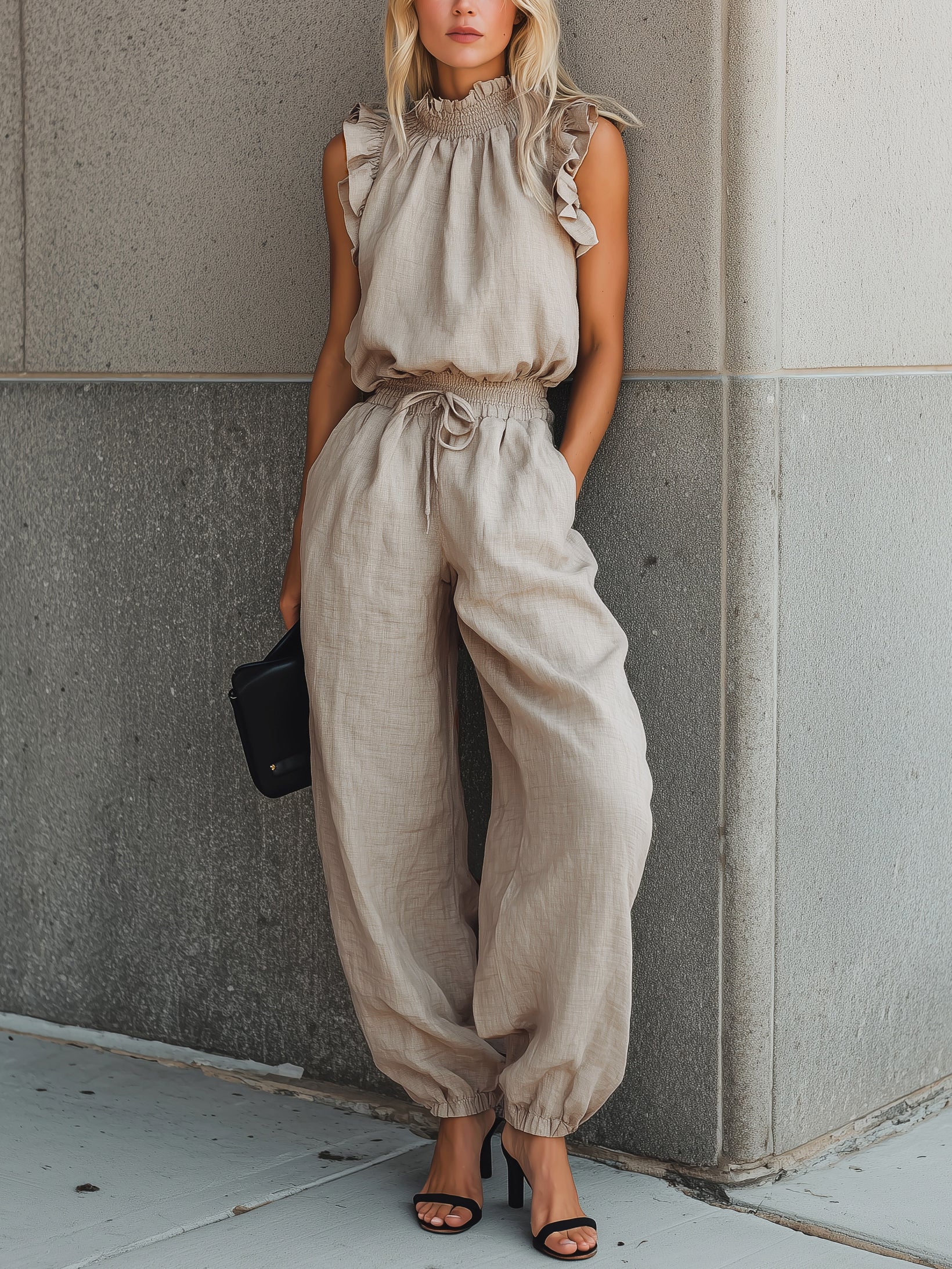 Liserie  Oatmeal Linen Ruffle Neck Top & Drawstring Pants Casual Set