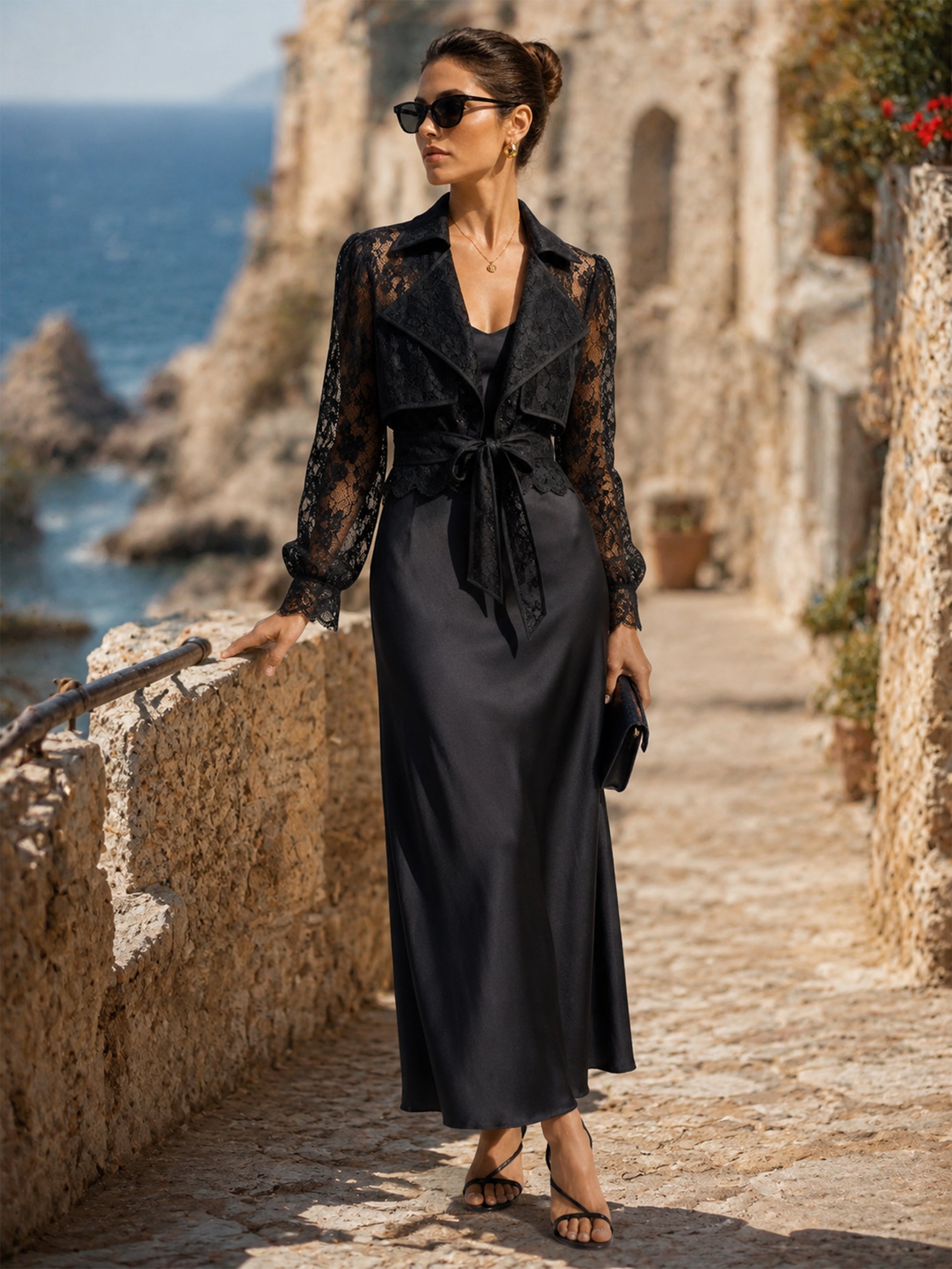 Elegant  Sheer Notch-Lapel Floral Lace Tie-Front Jacket