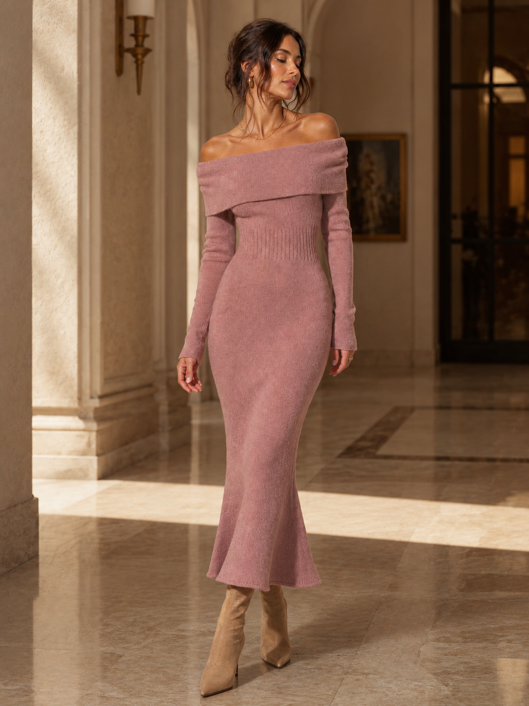 Pink Off-the-shoulder Collared Knit Dress