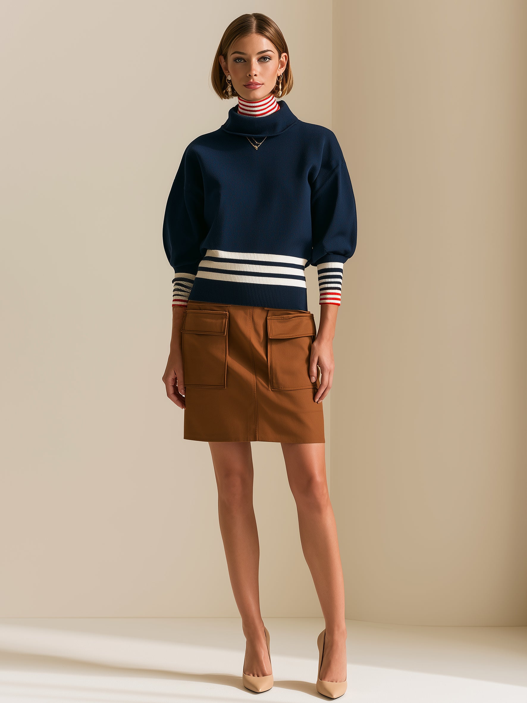 Navy Mock Neck Puff Sleeve Sweater With Striped Waist And Cuffs