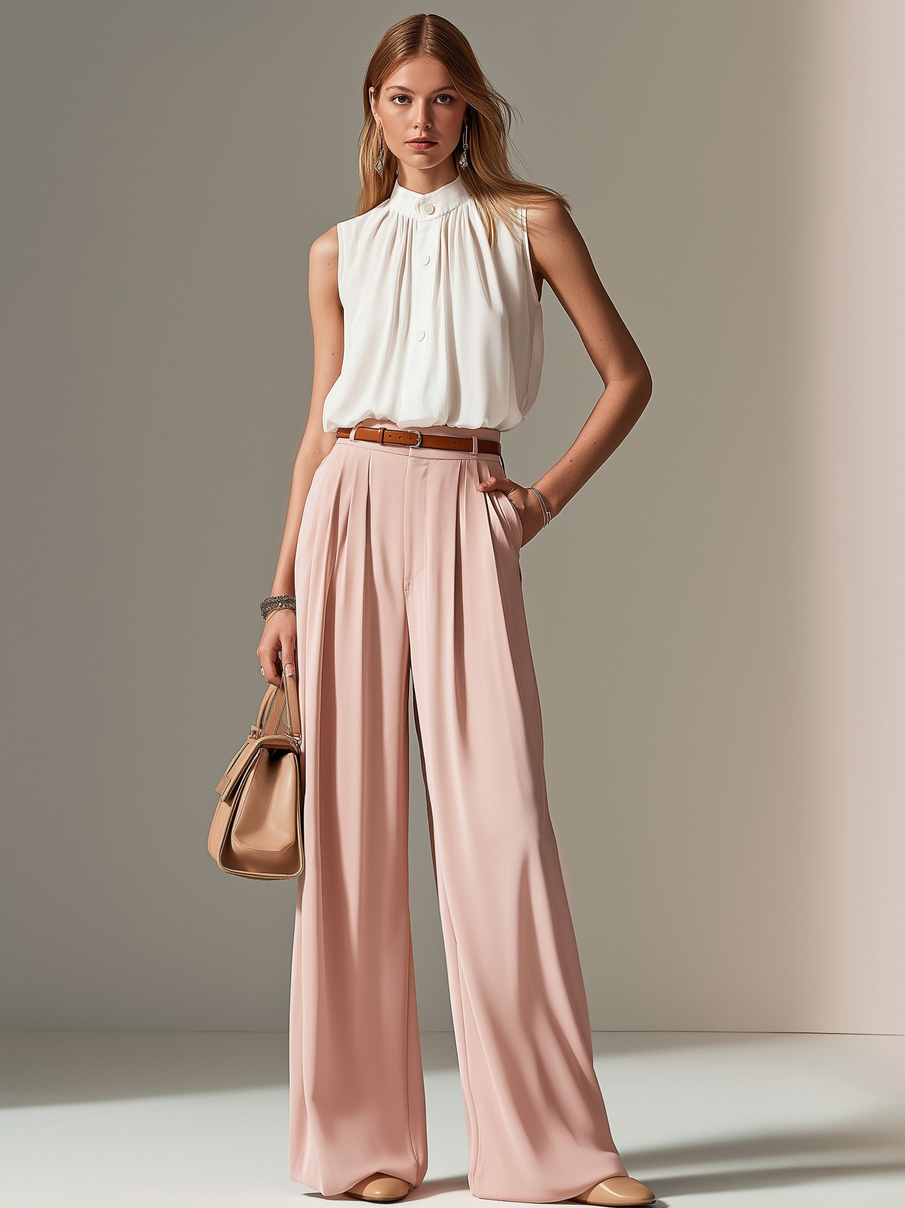 Elegant Sleeveless Chiffon Top & Pink Wide-leg Suit Trouser Set