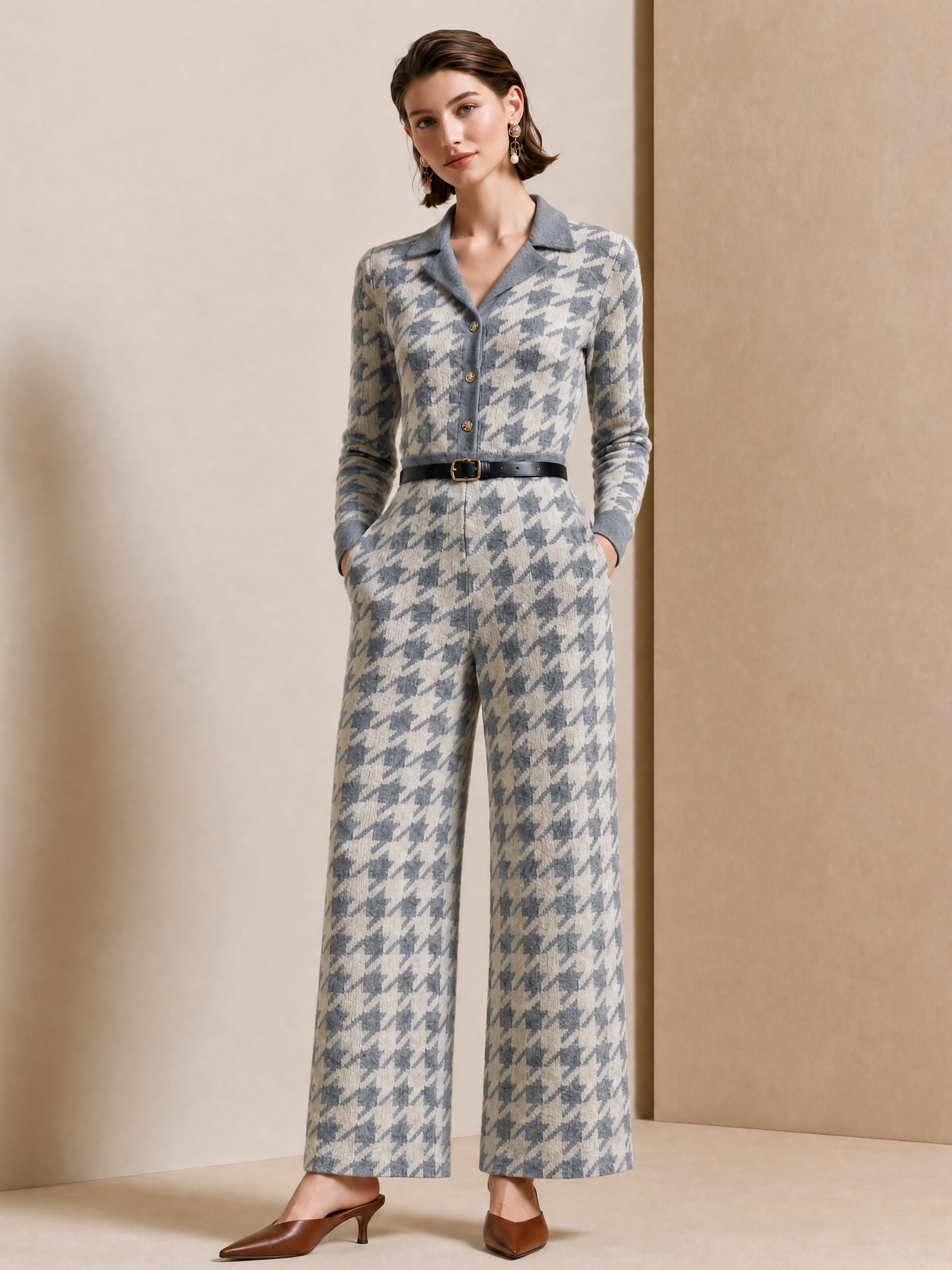 Elegant Light Gray & Ivory Houndstooth Knit Jumpsuit