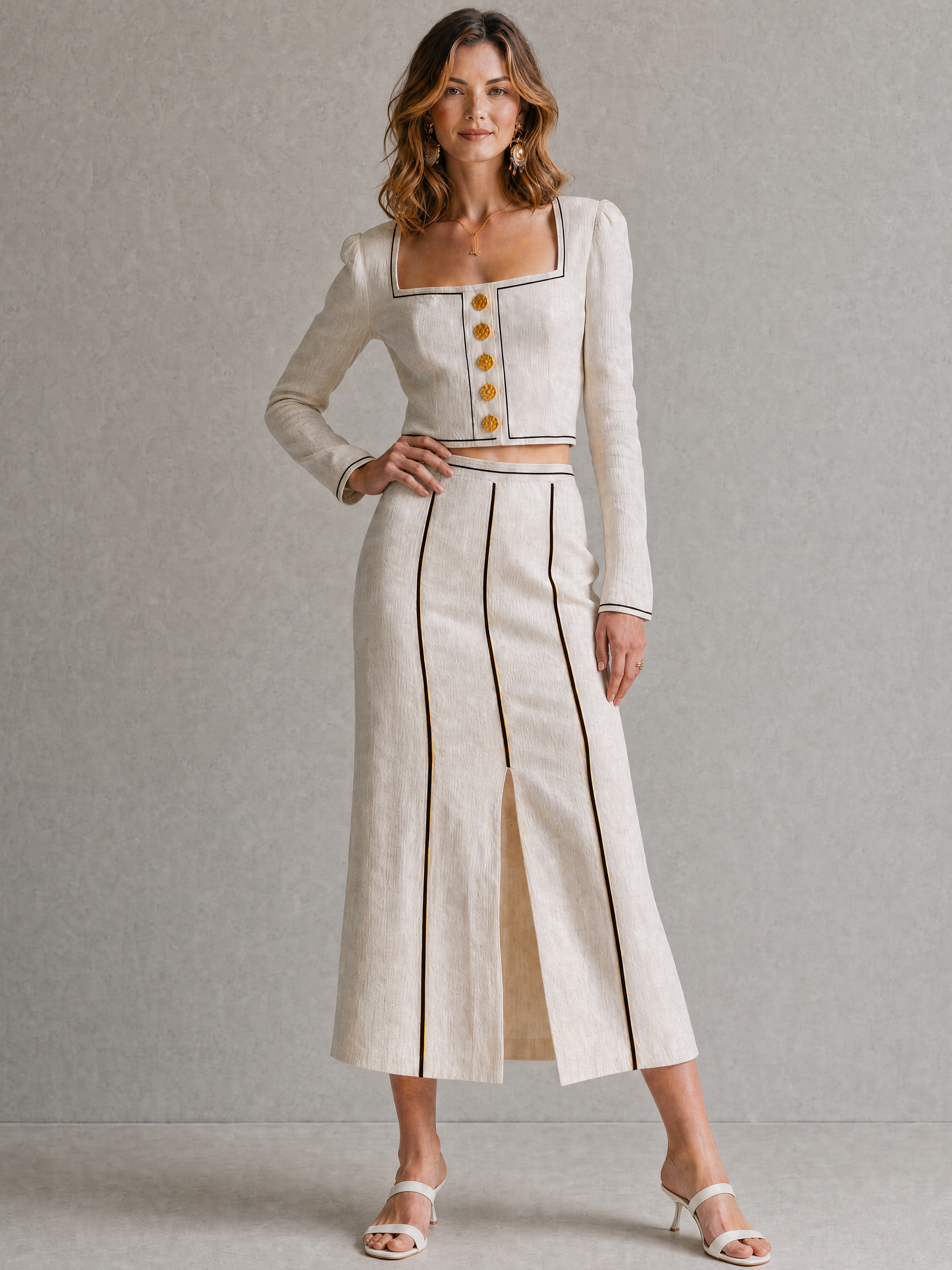Elegant White Linen Blend Skirt Set: Square Neck Long Sleeve Top & Slit Midi Skirt