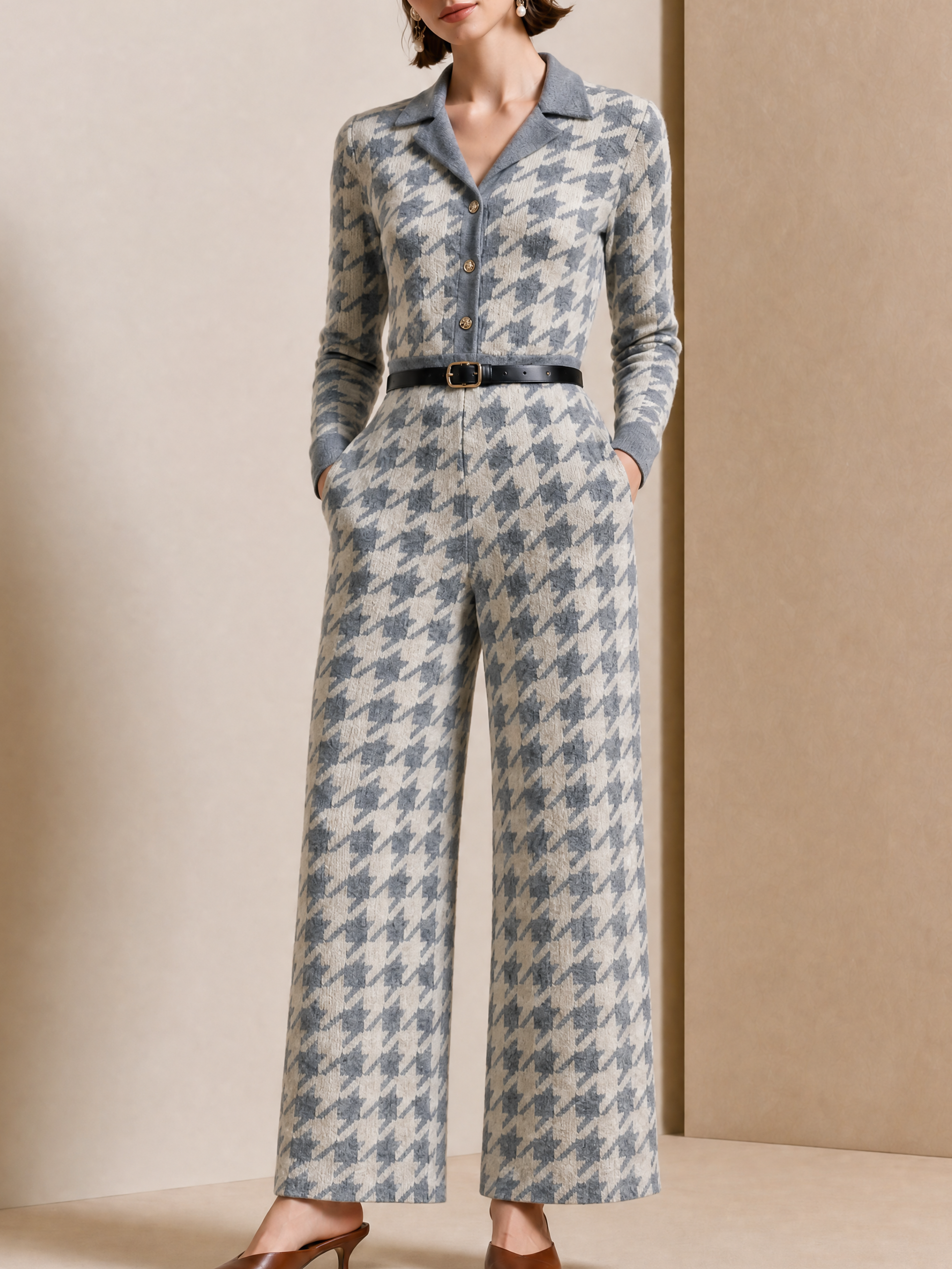 Elegant Light Gray & Ivory Houndstooth Knit Jumpsuit