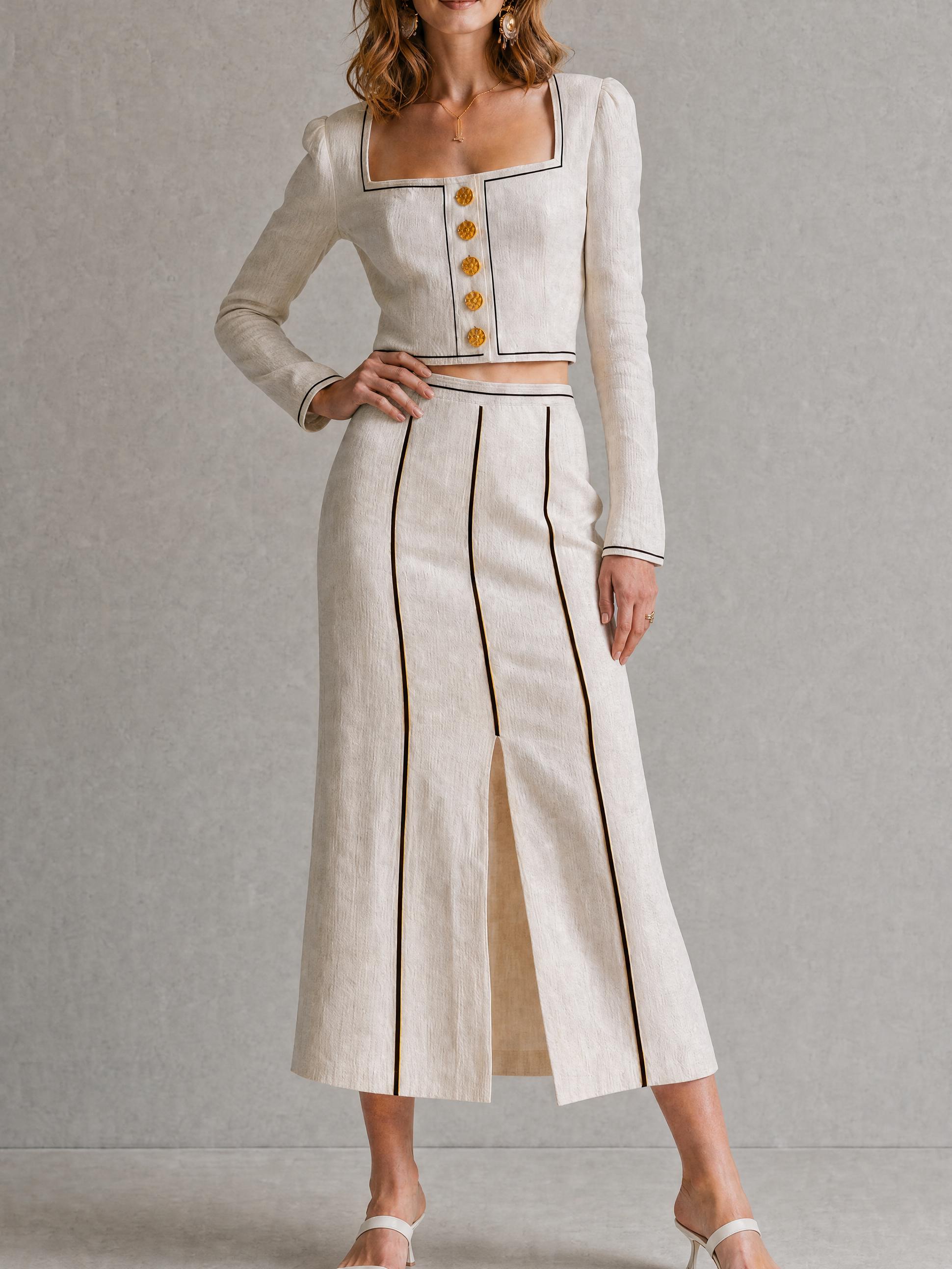 Elegant White Linen Blend Skirt Set: Square Neck Long Sleeve Top & Slit Midi Skirt