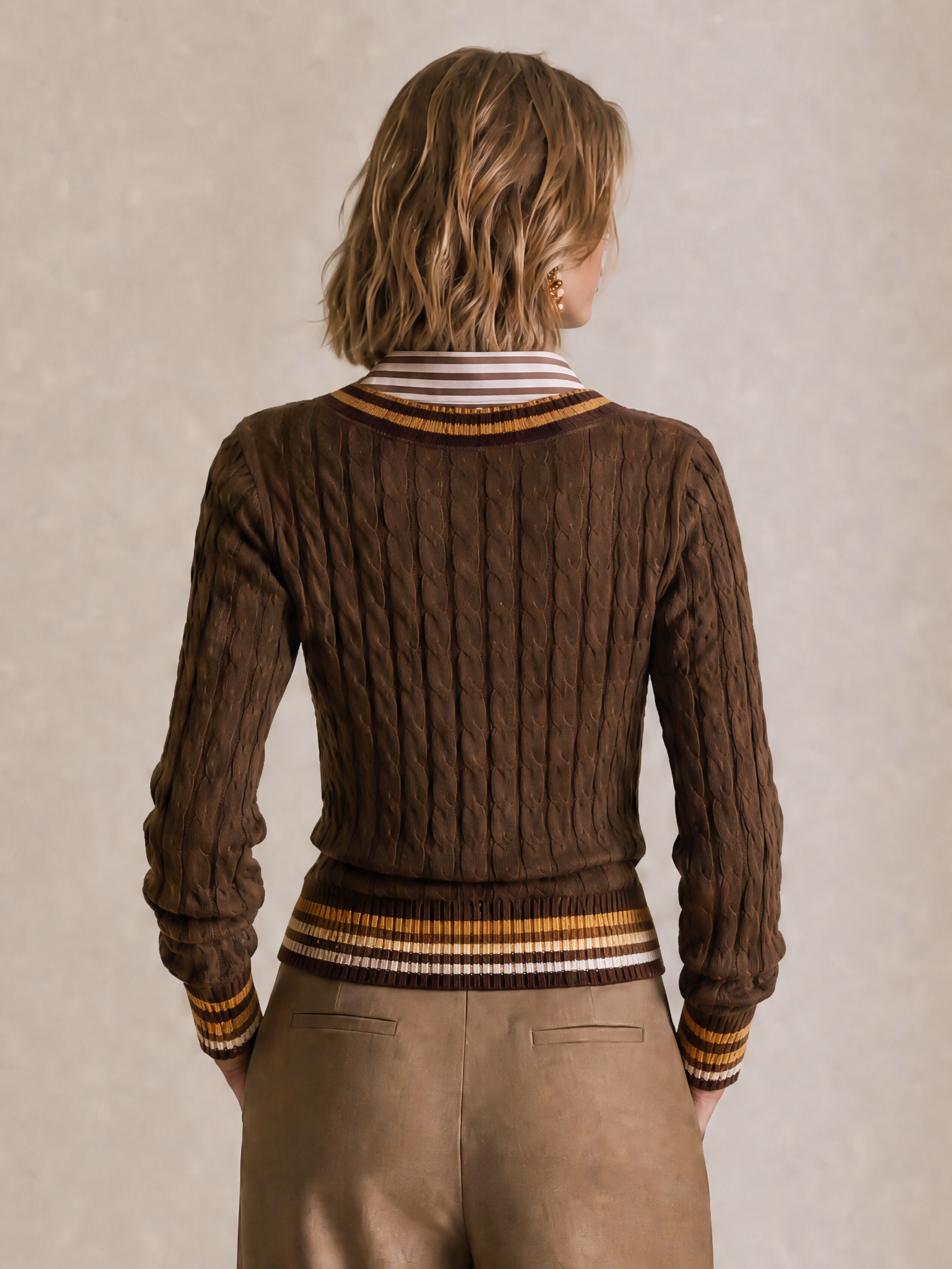 Elegant Brown Striped Layered V-Neck Knit Top