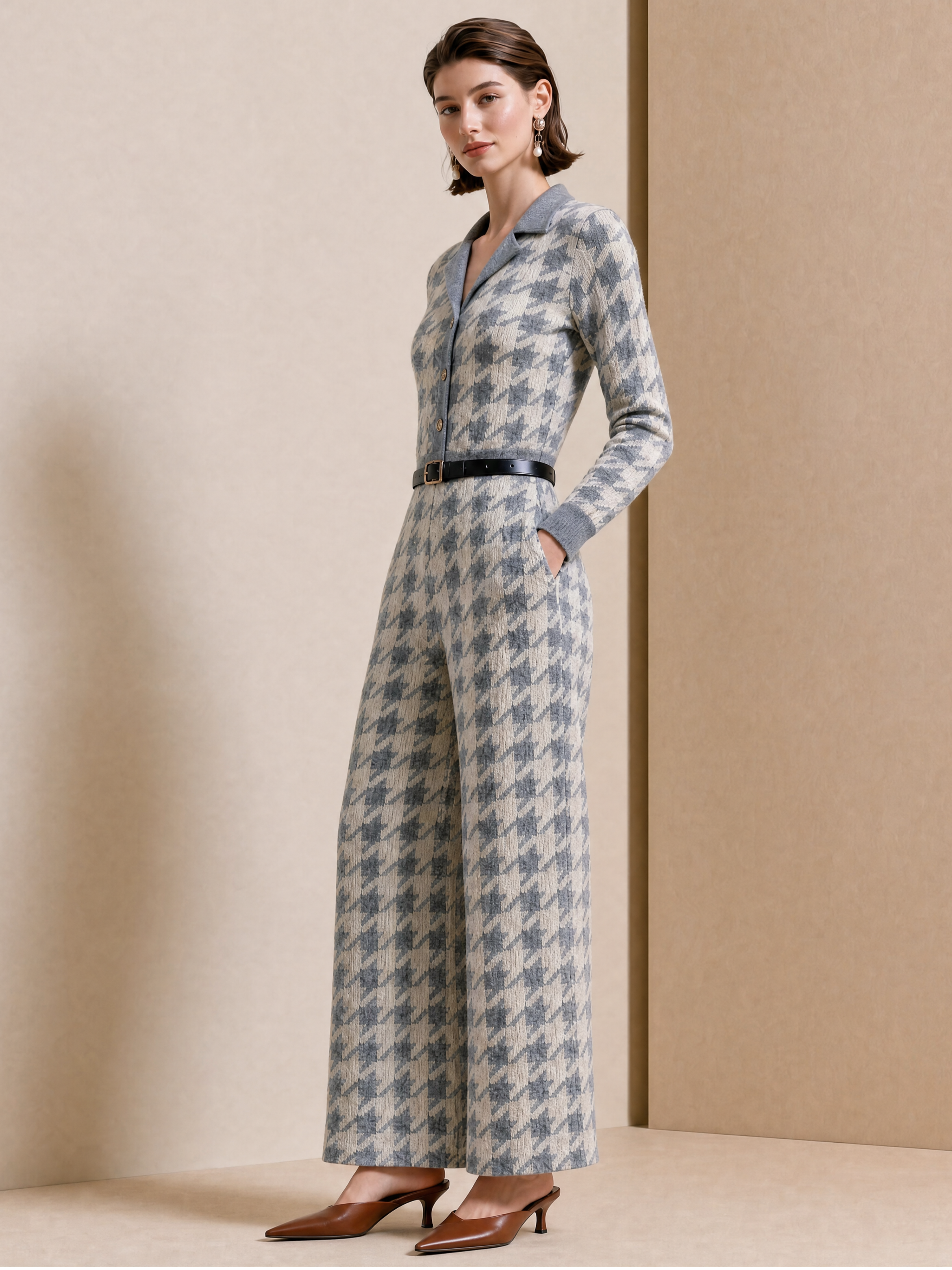 Elegant Light Gray & Ivory Houndstooth Knit Jumpsuit