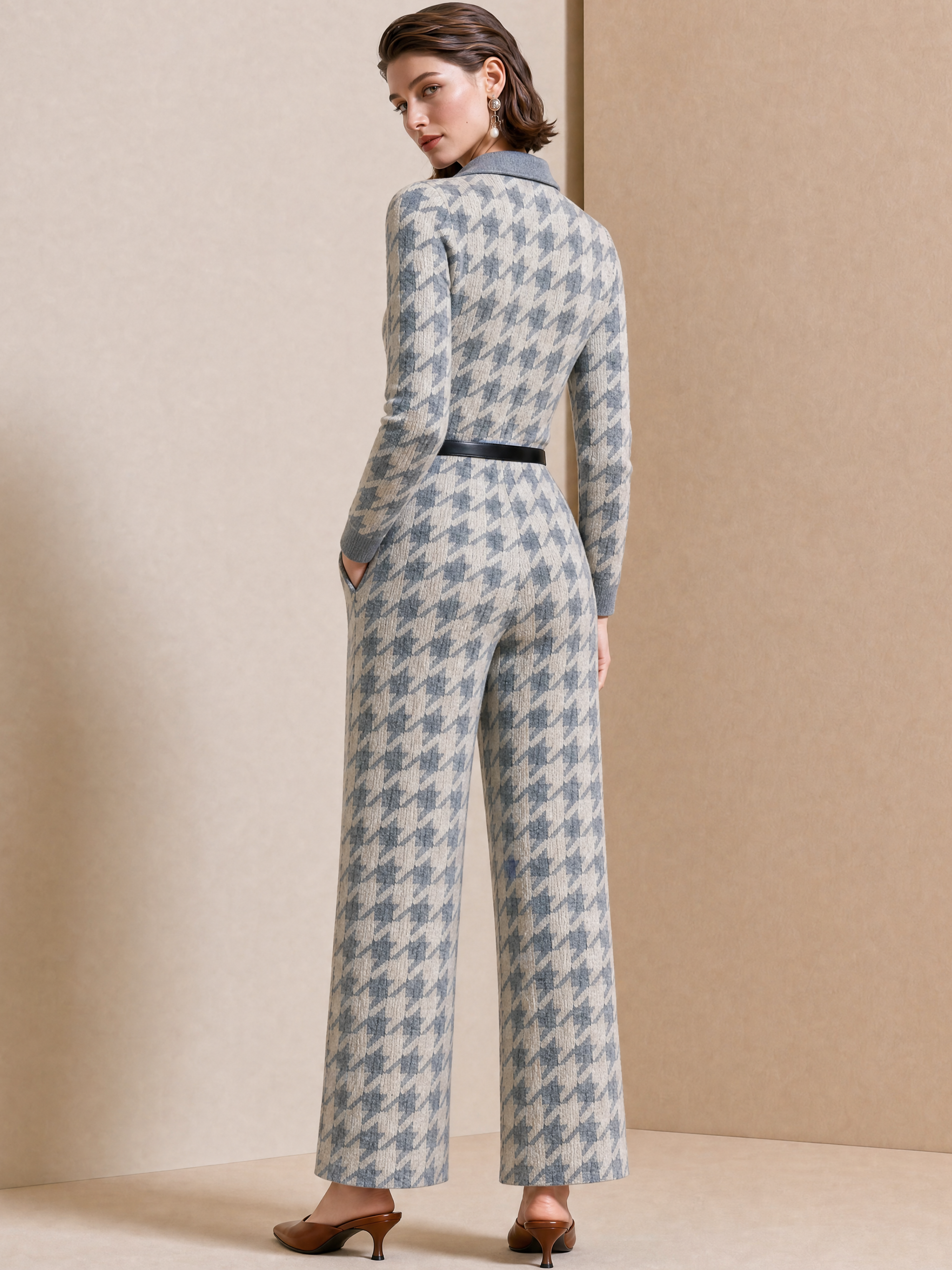 Elegant Light Gray & Ivory Houndstooth Knit Jumpsuit