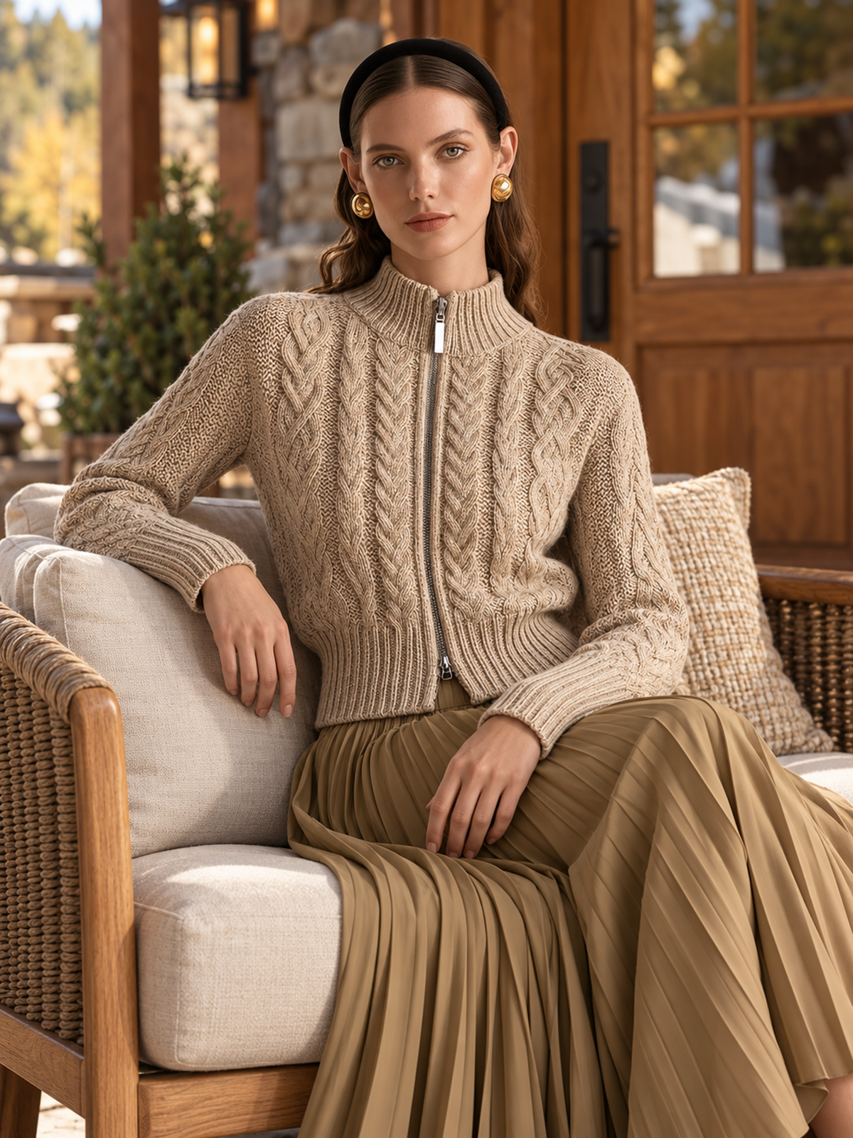 Beige Double-Zip Cable-Knit Wool Cardigan