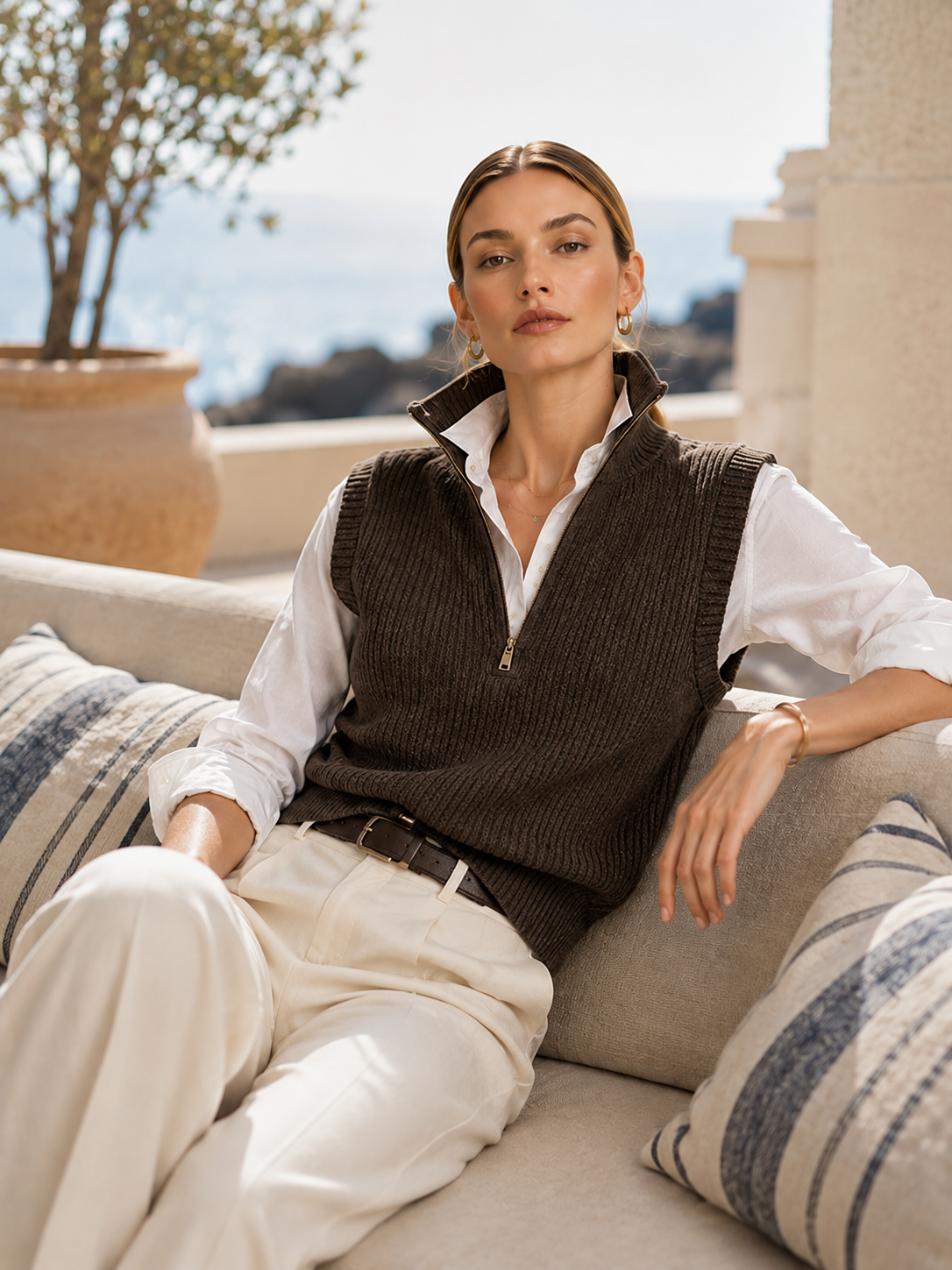 Elegant White Shirt & Chocolate Brown High-Neck Knit Vest Two-Piece Set
