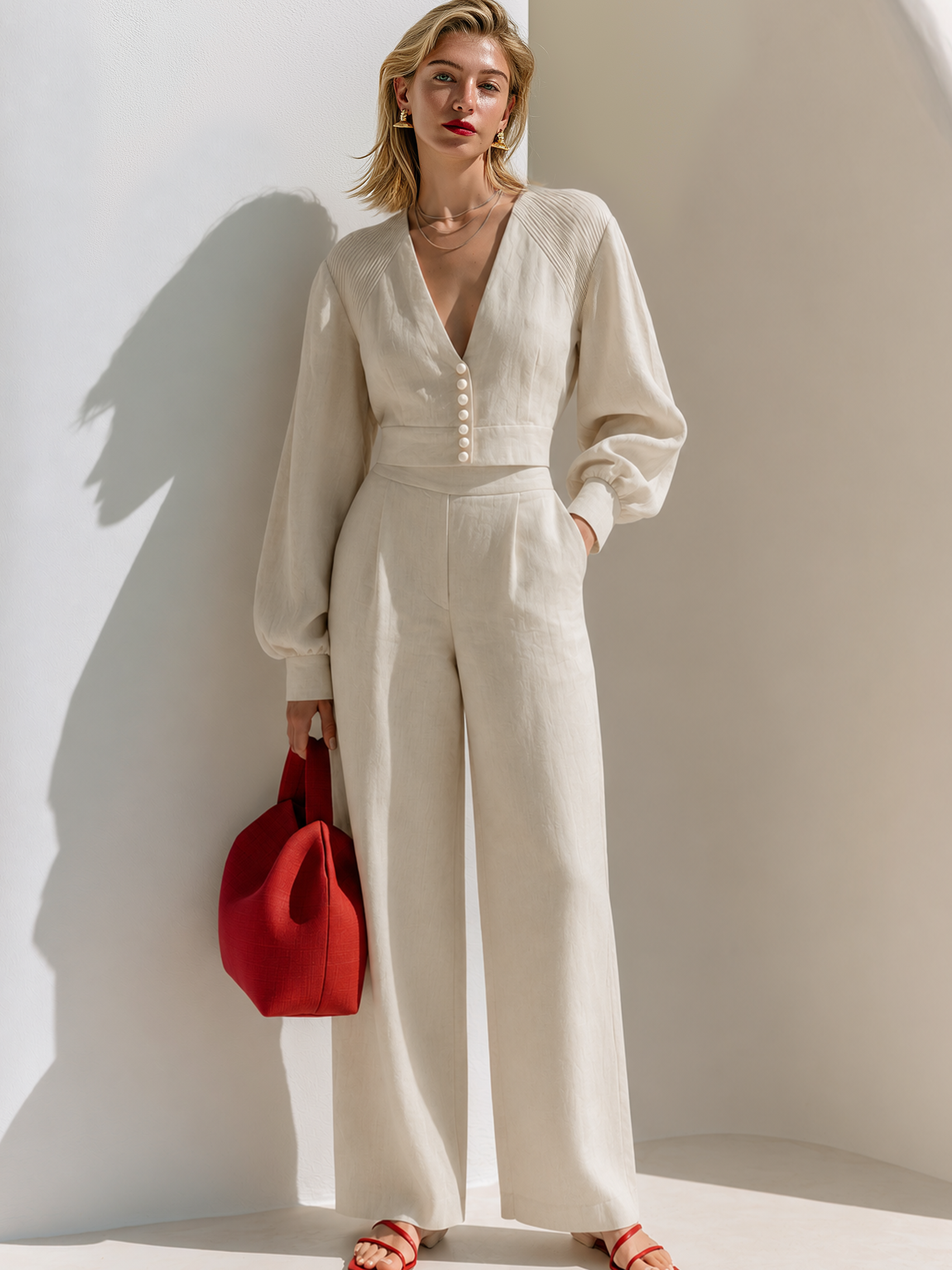 Off-white Tencel-linen Two-piece Set Featuring A Deep-V, Button-front Lantern-sleeve Top And Wide-leg Trousers.