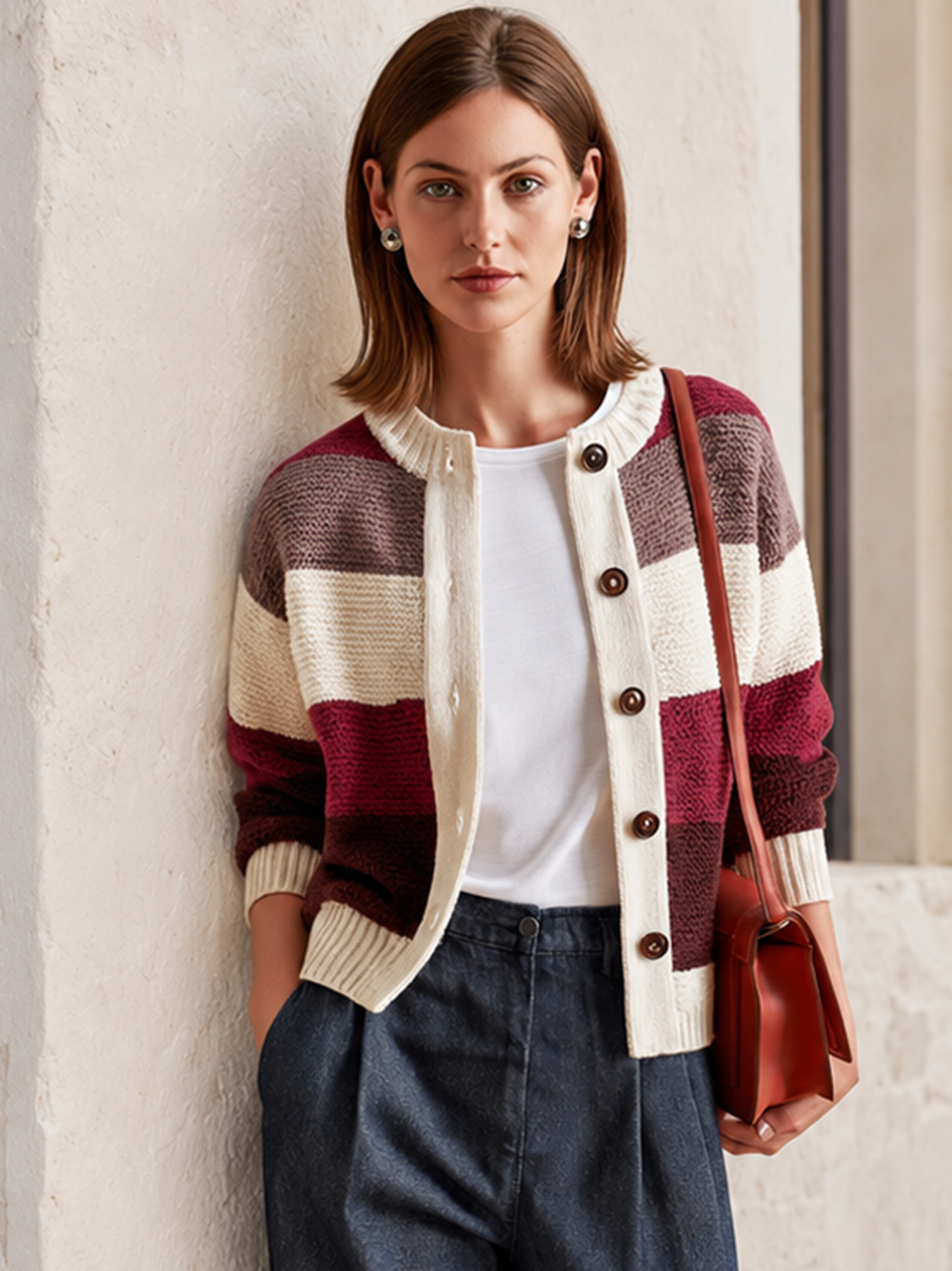 Retro Color‑Block Stripe Crew‑Neck Chunky Knit Cardigan