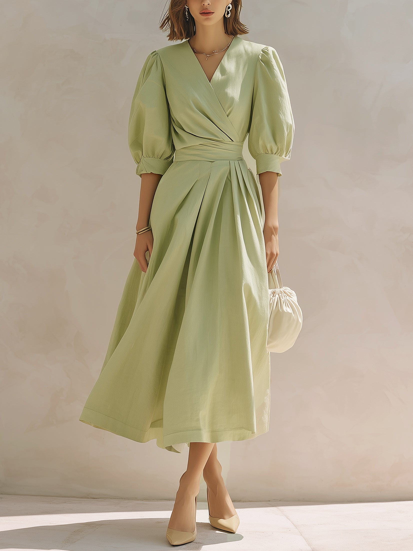 Light Green V-neck Maxi Dress With Puff Sleeves