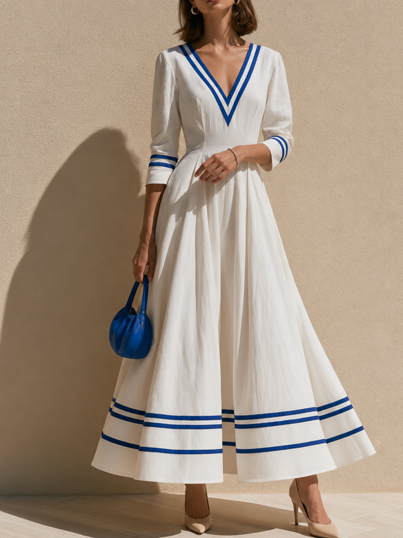 White Linen Maxi Skirt With Blue Stripes.