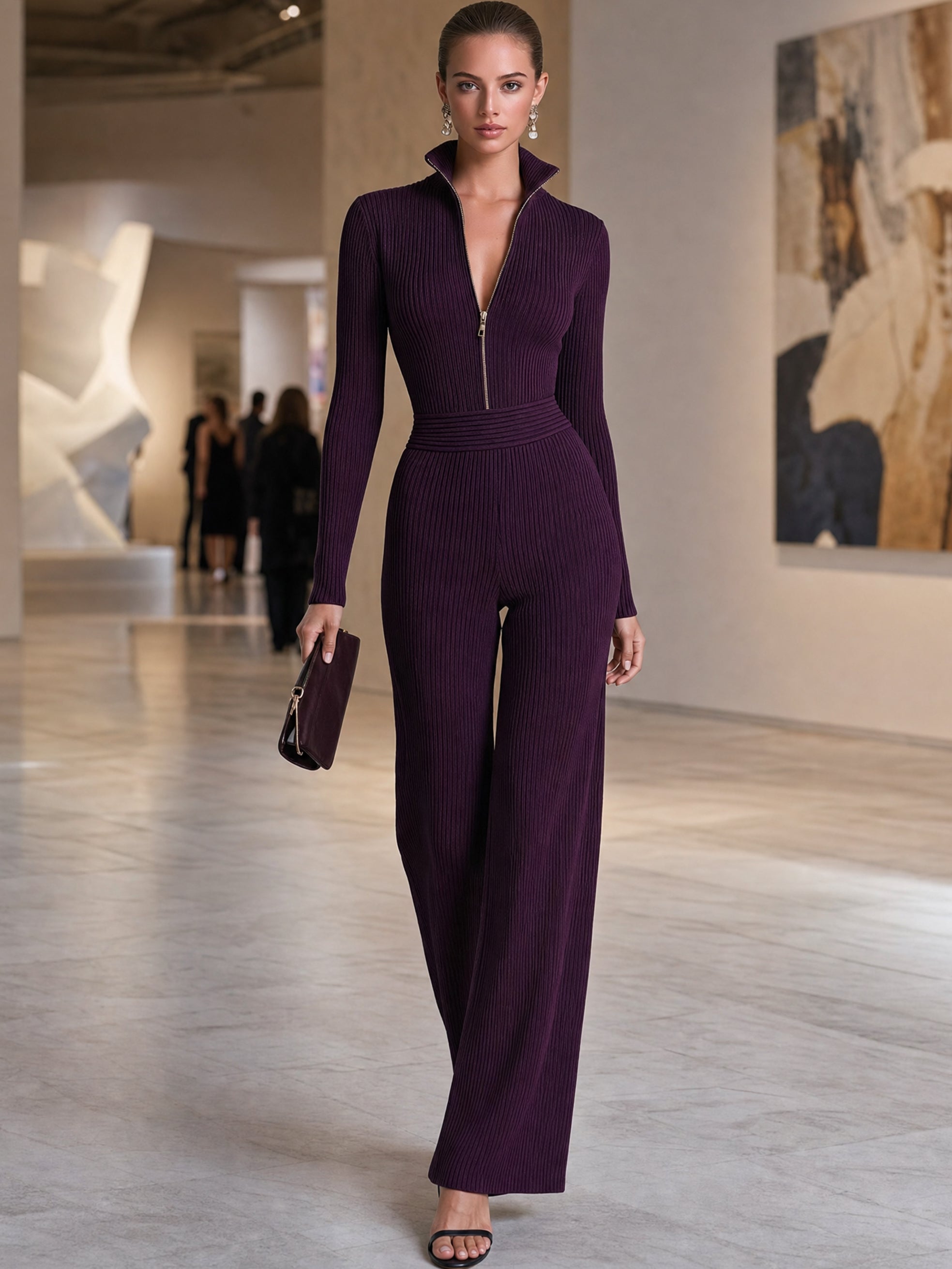 Plum Purple Ribbed Knit Half-Zip Stand Collar Wide Leg Jumpsuit