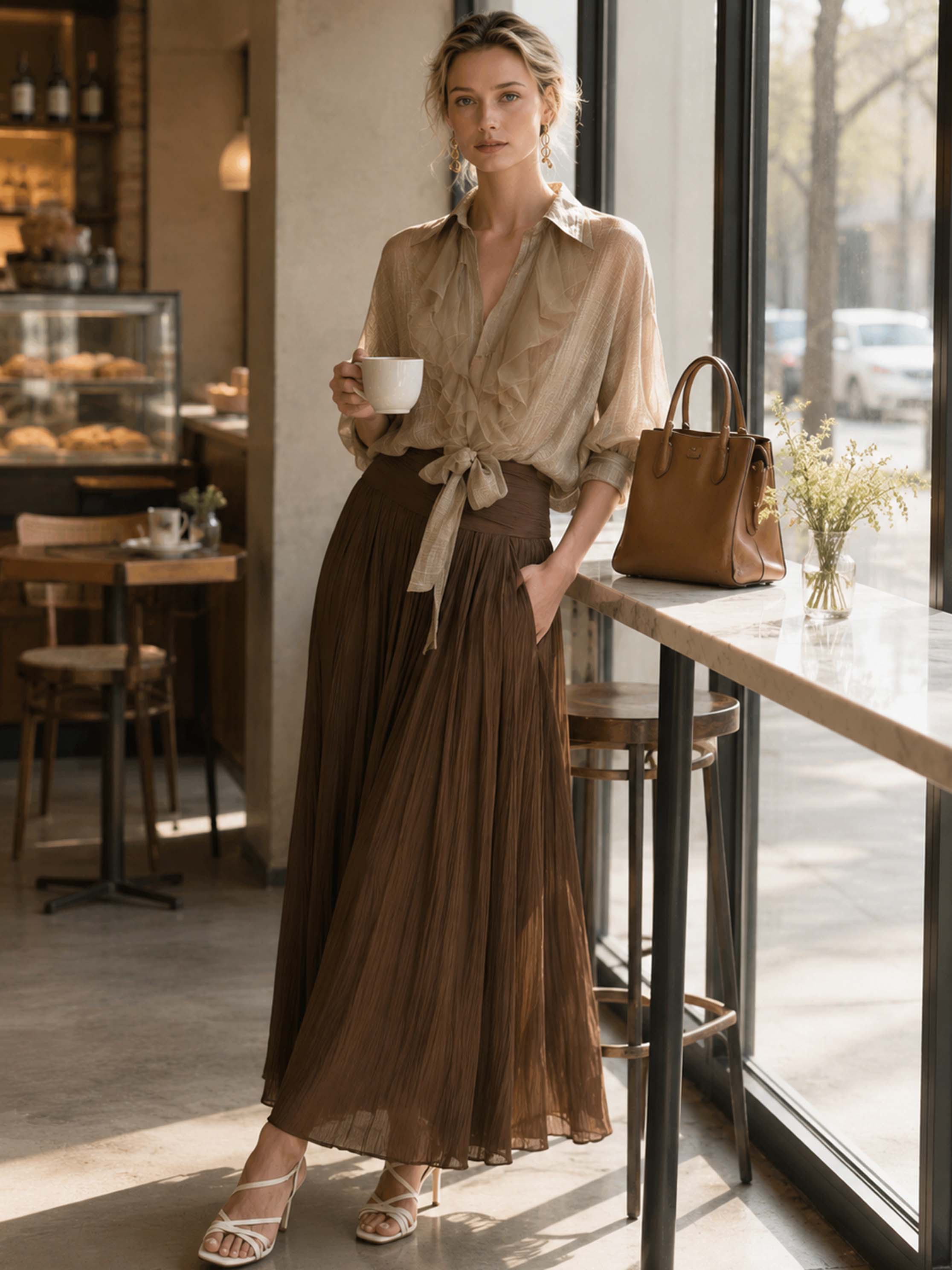 Elegant Beige Ruffle Tie Top Brown Crinkle Maxi Skirt Two-Piece Set