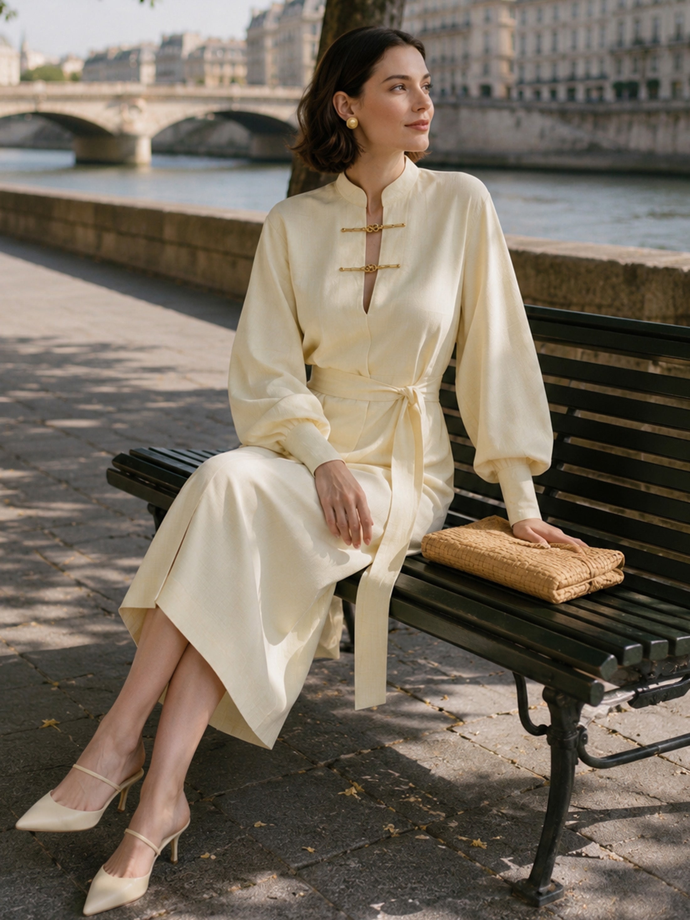 Cream Tiny Grid Wrap Waist Tailored Midi Dress