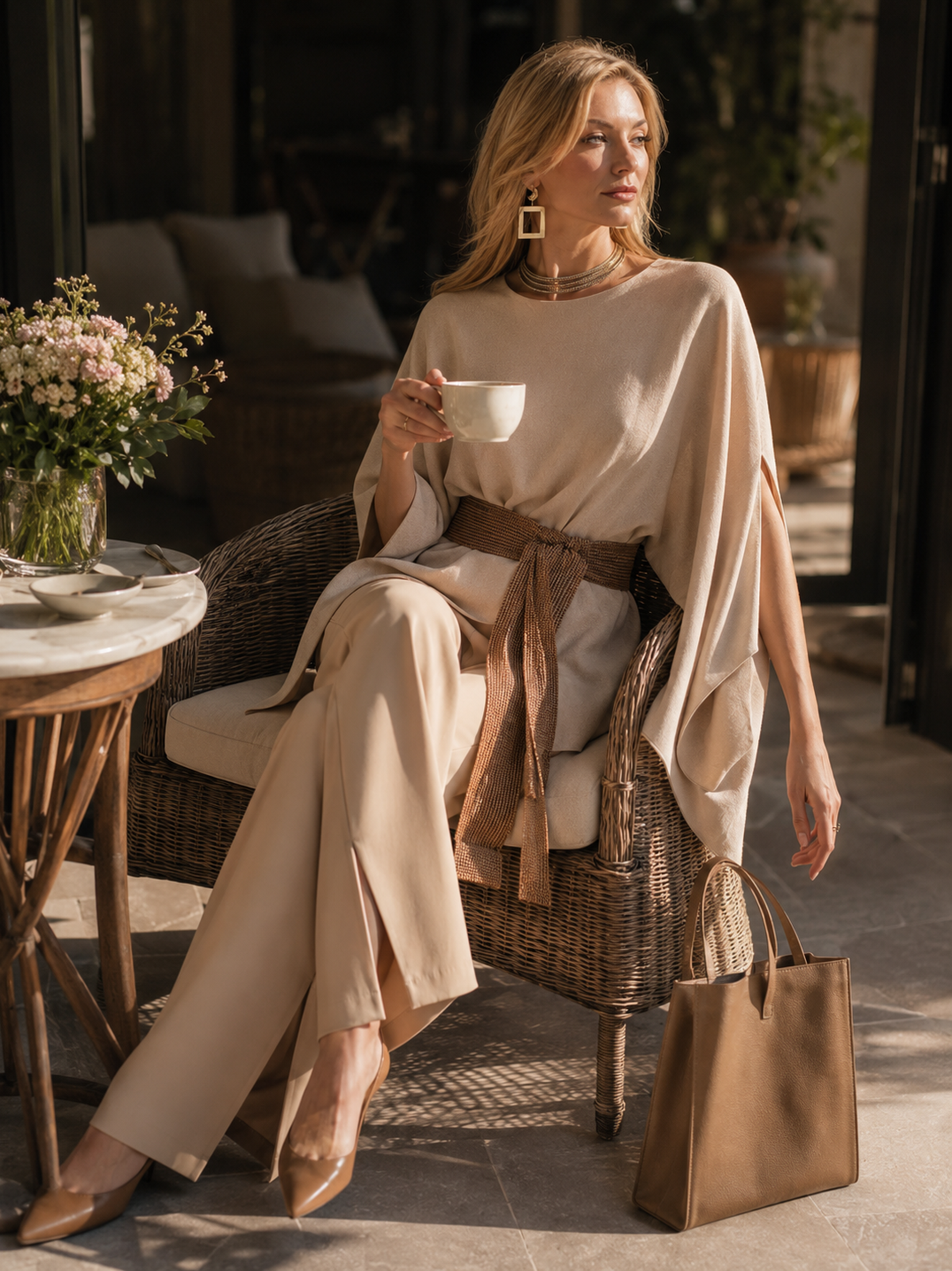 Cape Sleeve Knit Top with Belted Wide Leg Pants Set