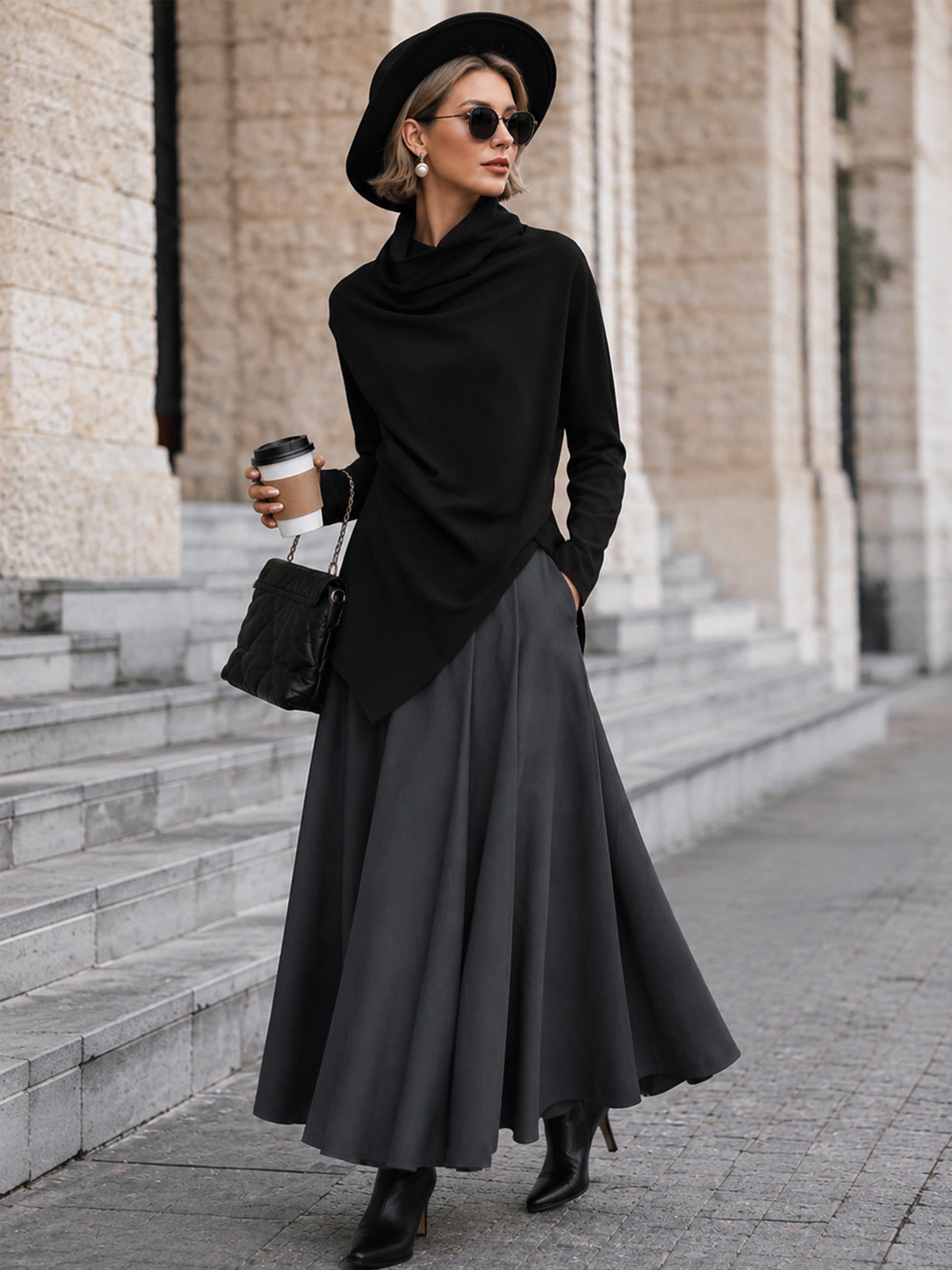 Elegant Matching Set : Funnel Neck Asymmetric Top & A-Line Maxi Skirt