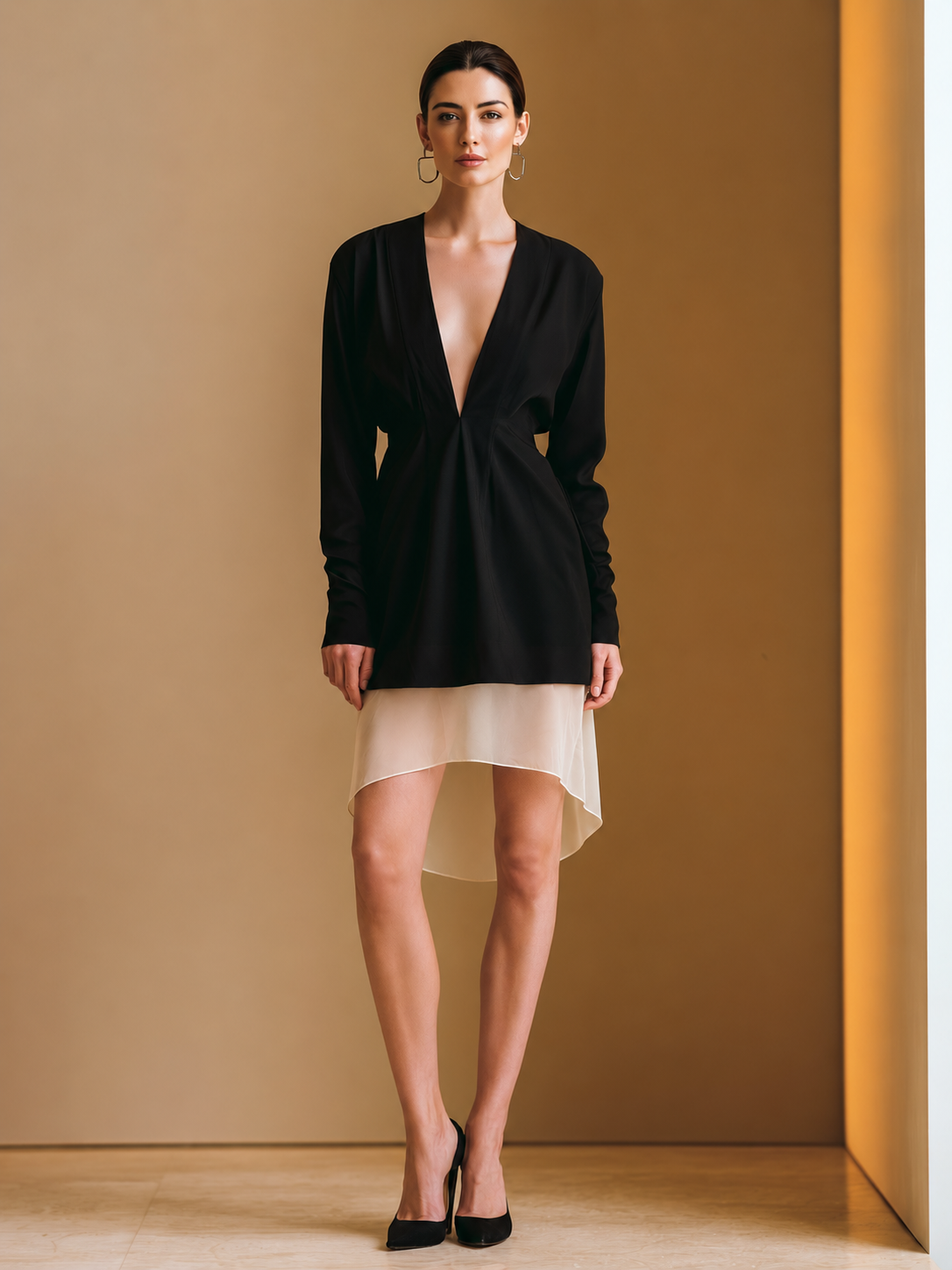 Elegant Black V-neck Dress With A Chiffon Hem