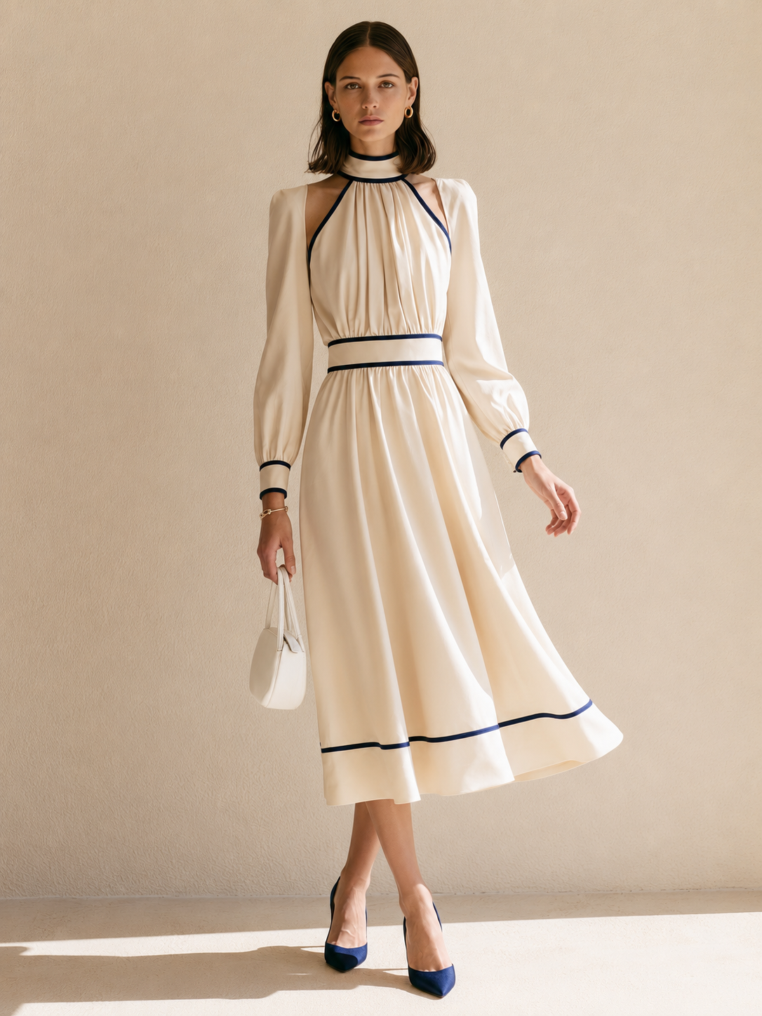 White Long-sleeved Halter Dress