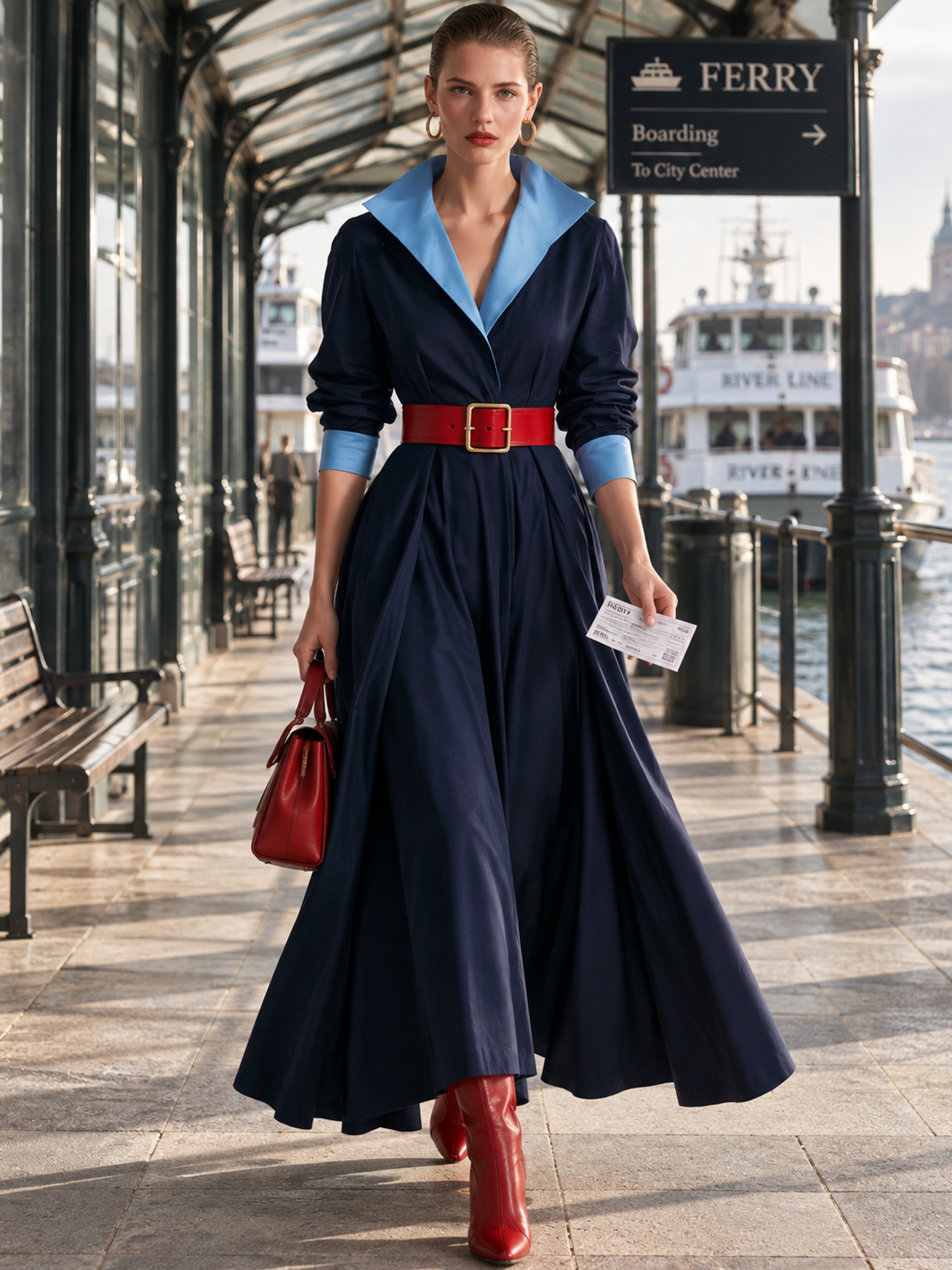 Color‑Contrast Collar Belted Full‑Skirt Maxi Shirt Dress