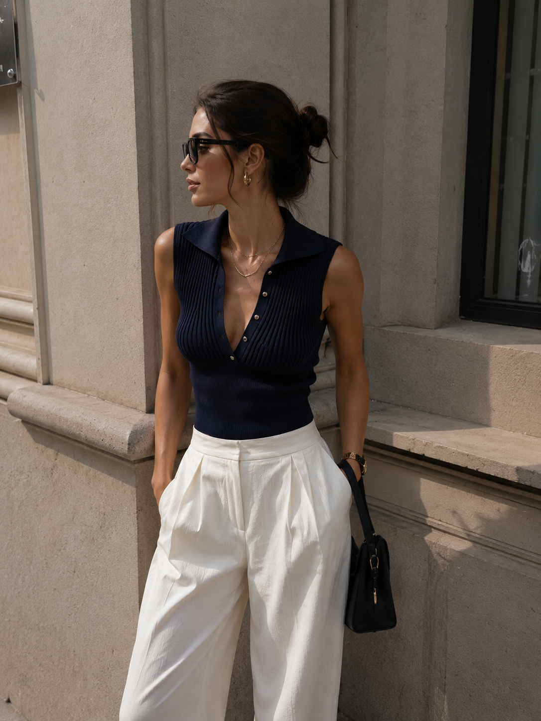 Liserie Ribbed Collared Knit Top