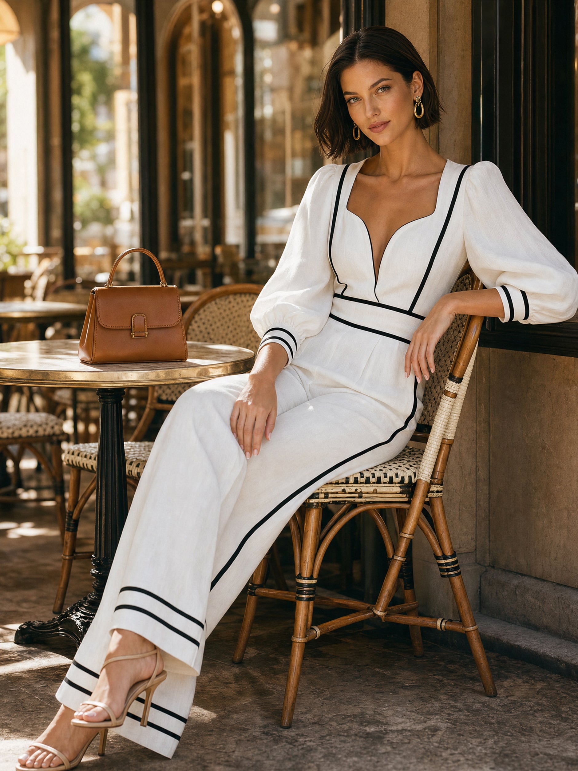 Linen Contrast Piping Puff Sleeve Wide Leg Jumpsuit