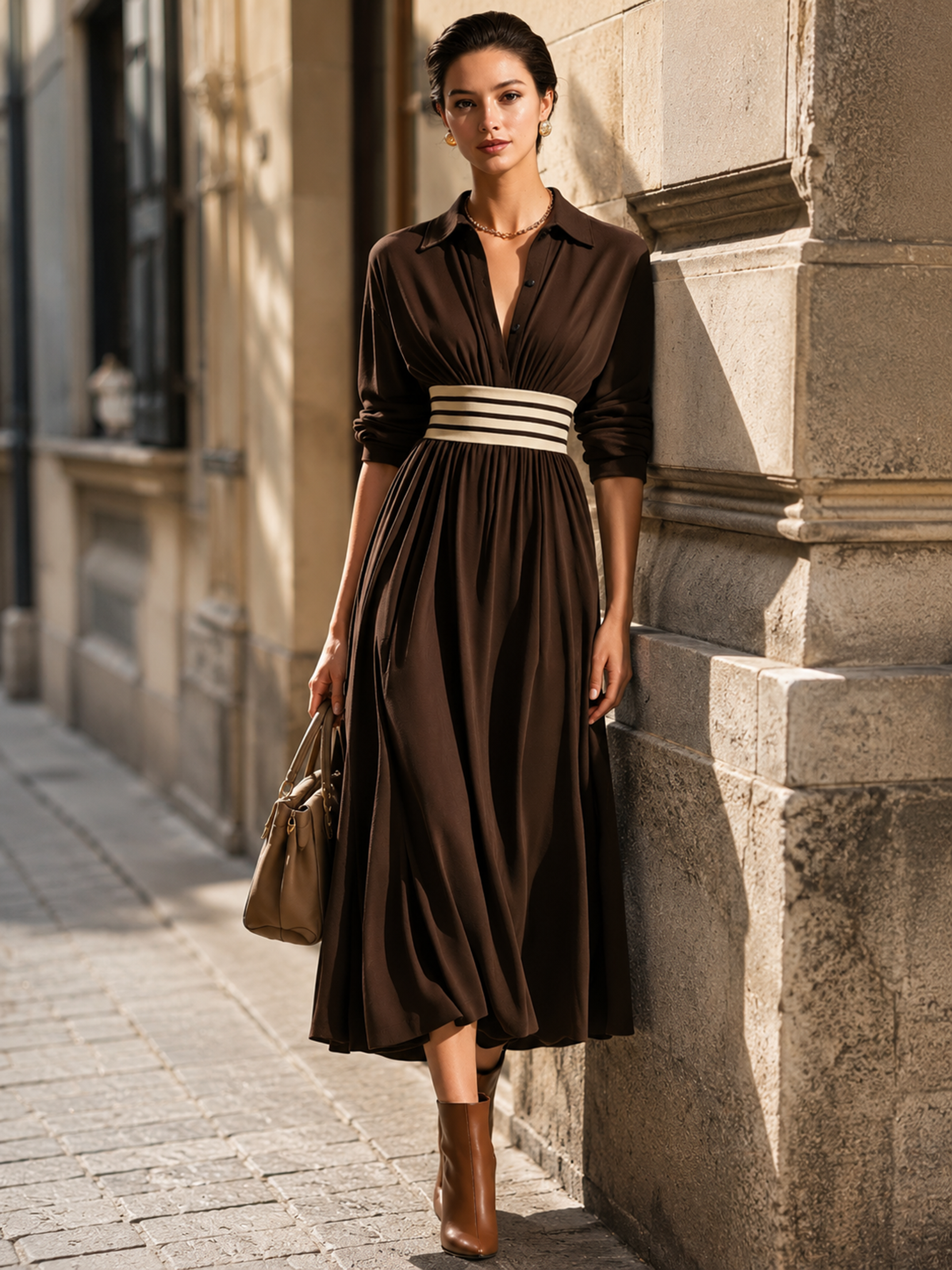 Elegant Dark Brown Shirt Collar Contrast Stripe Wide Waistband Flared Midi Dress