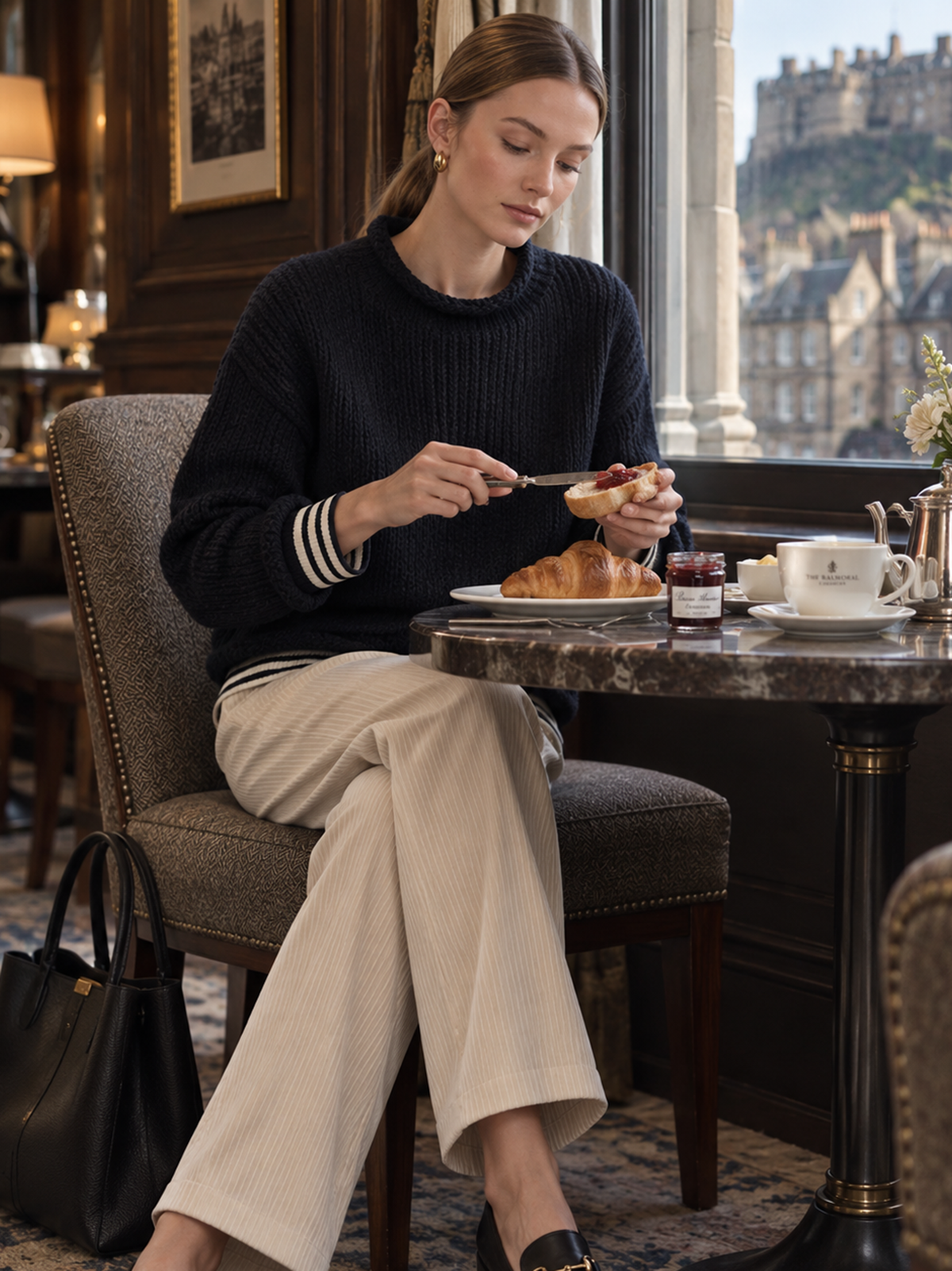 Black Chunky Knit Pullover With Fake Two-Tone Striped Cuffs