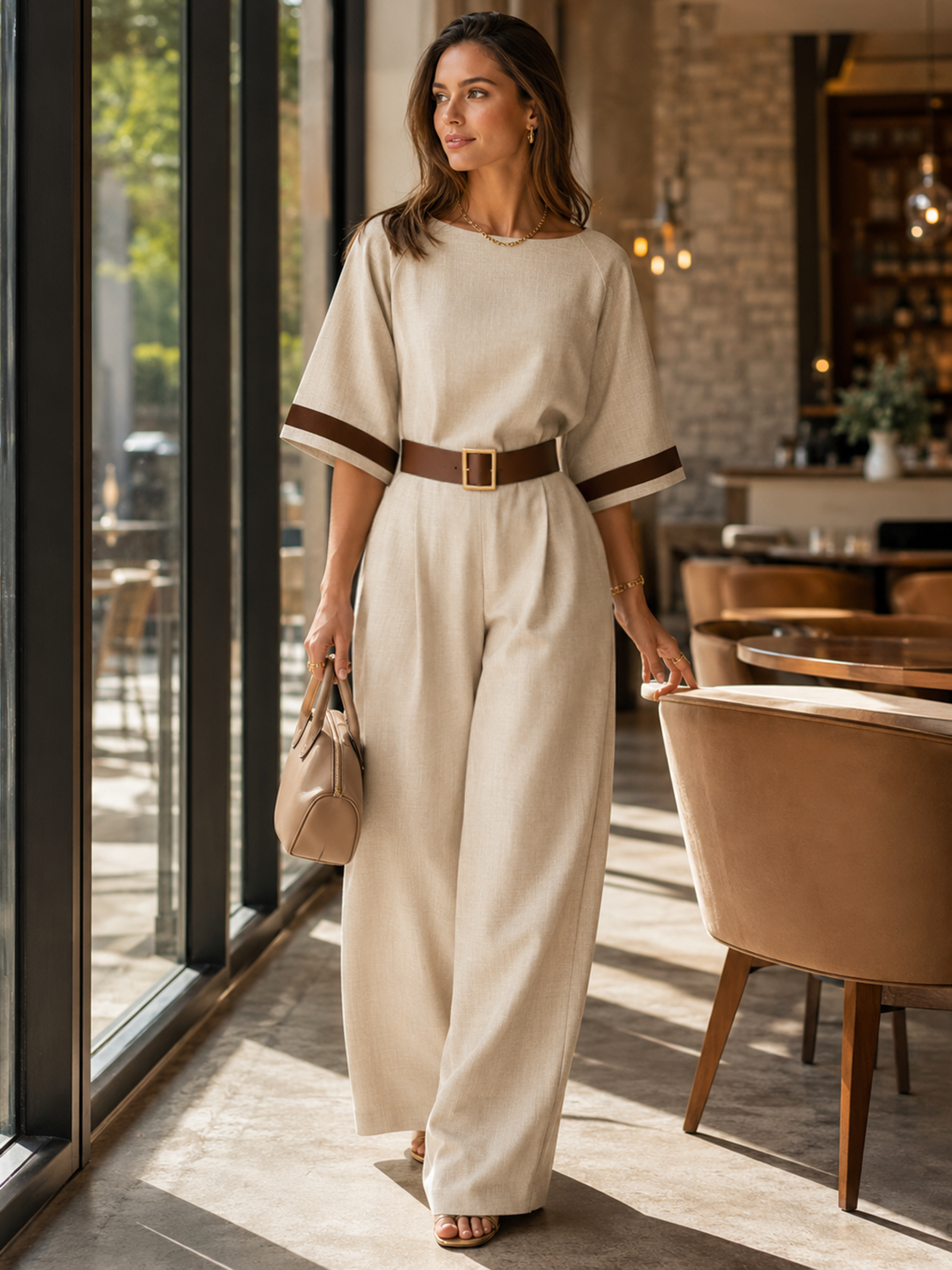 Elegant Earth Tone Textured Fabric Contrast Trim Fitted Wide Leg Jumpsuit