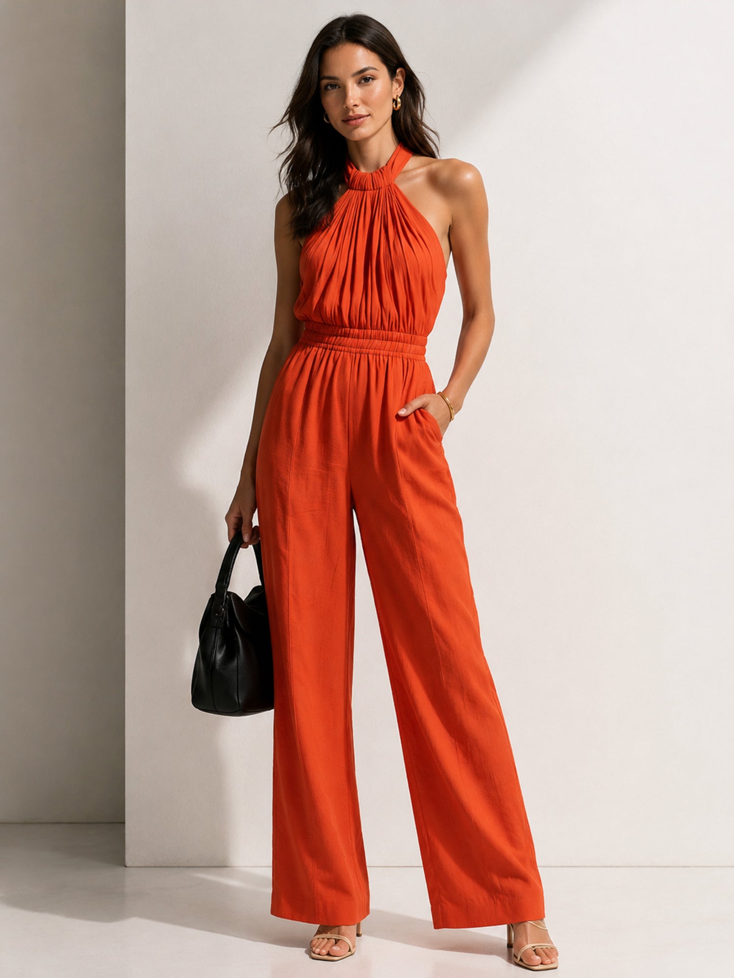 Liserie  Sunset Orange Pleated Halter Wide-Leg Jumpsuit