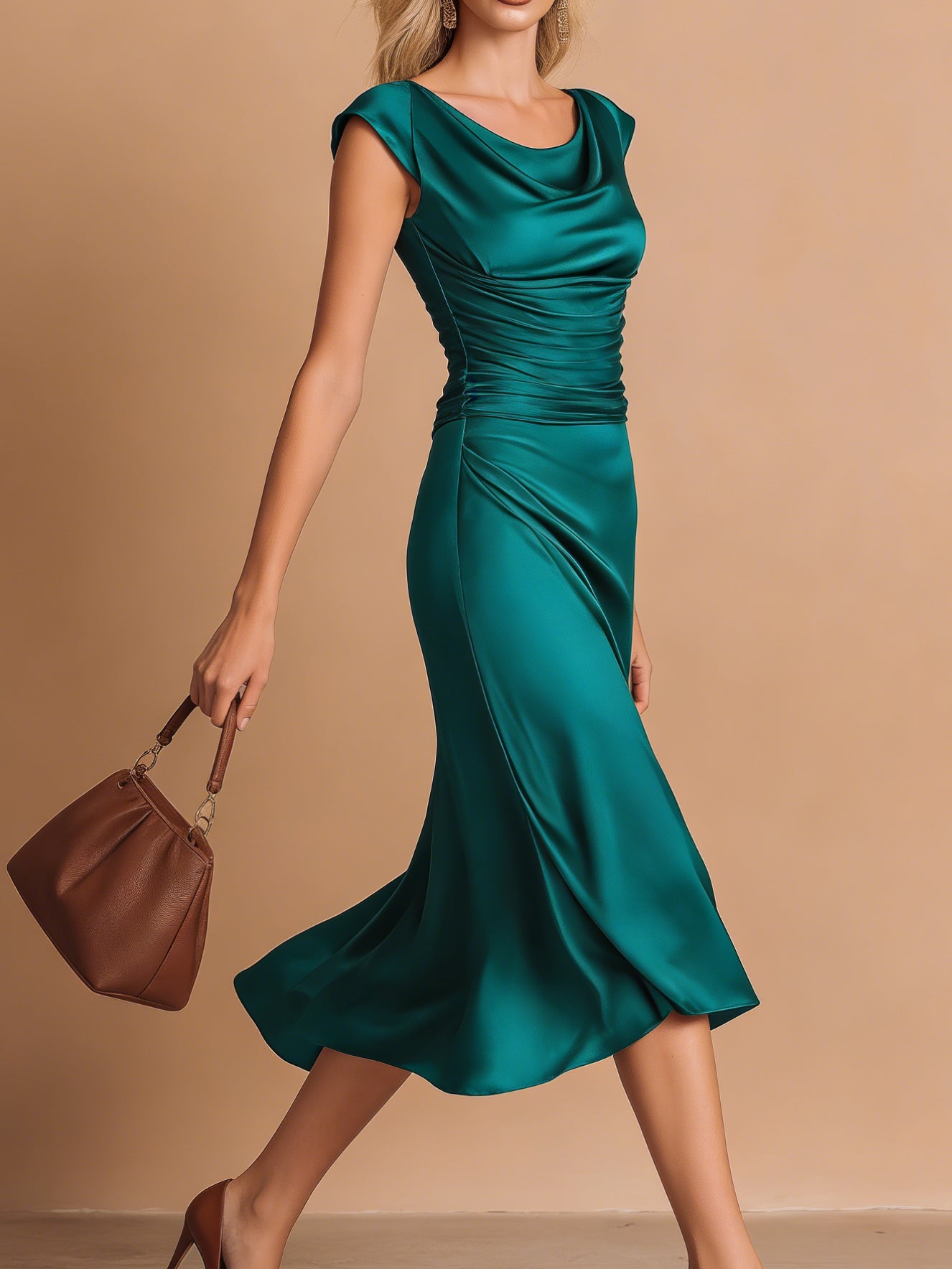 Liserie Satin Cowl Neck Sleeveless Midi Evening Dress