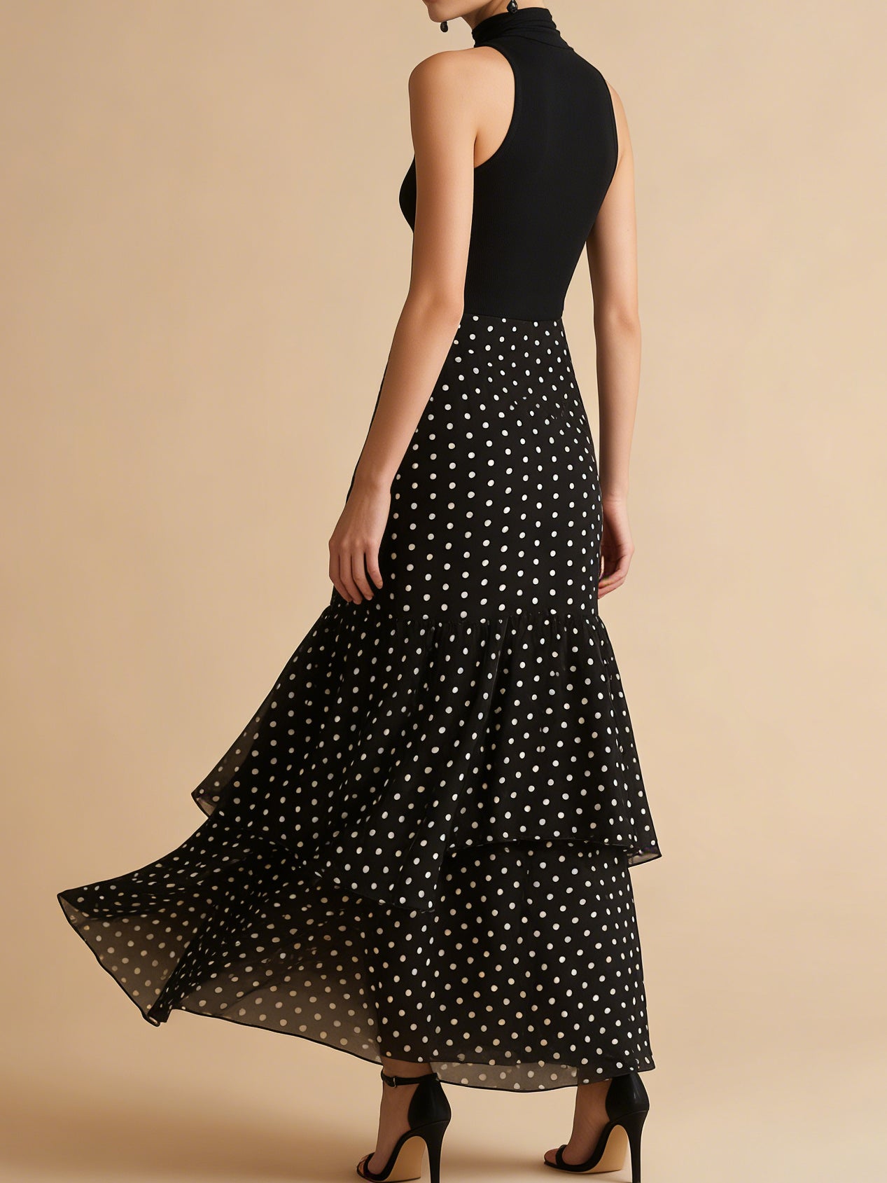 Liserie Black Polka Dot Ruffle Evening Maxi Dress