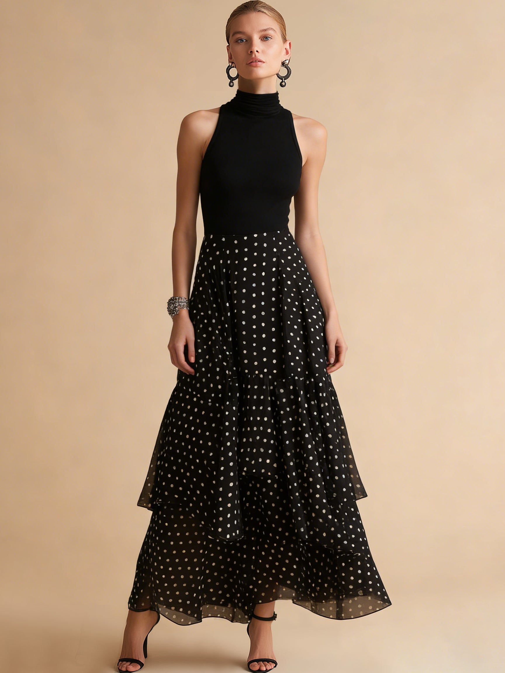 Liserie Black Polka Dot Ruffle Evening Maxi Dress