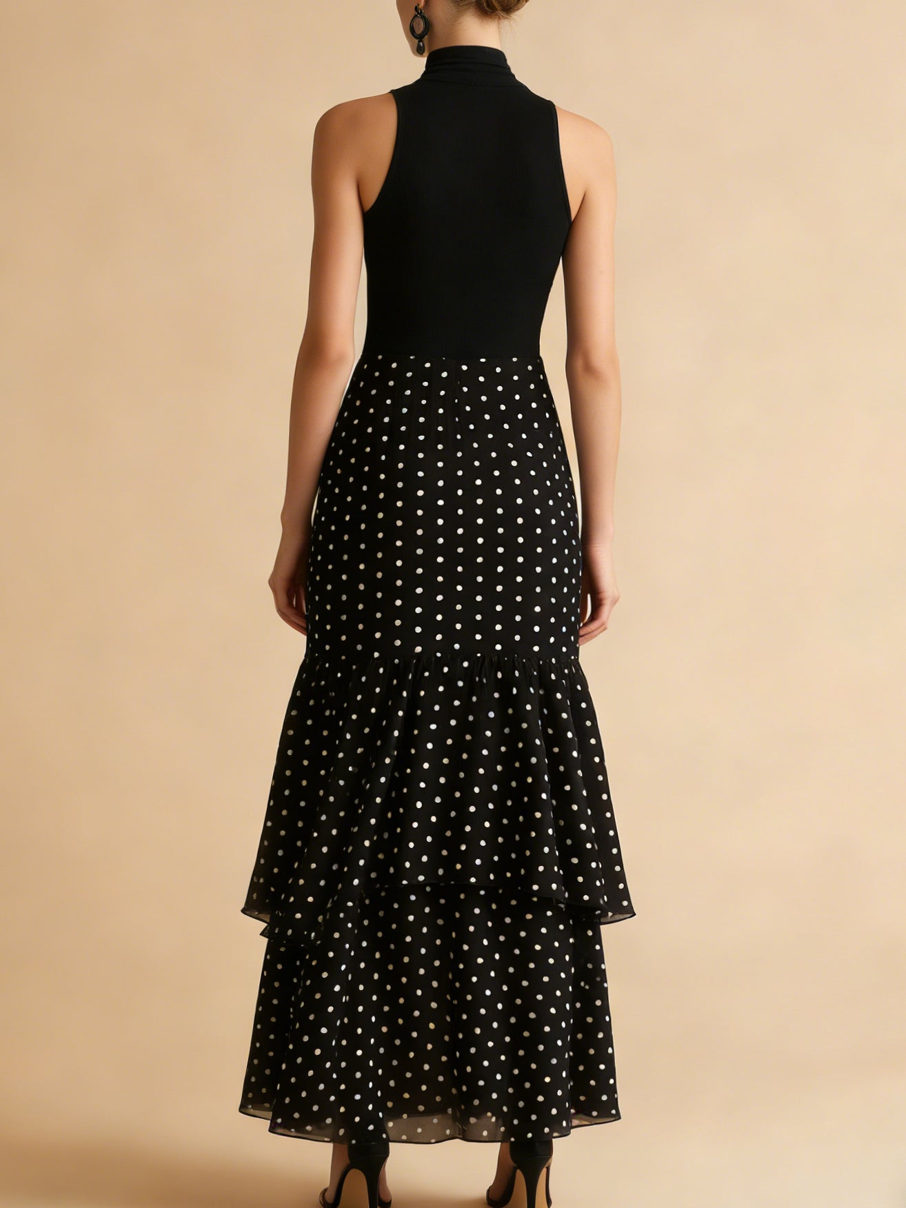 Liserie Black Polka Dot Ruffle Evening Maxi Dress