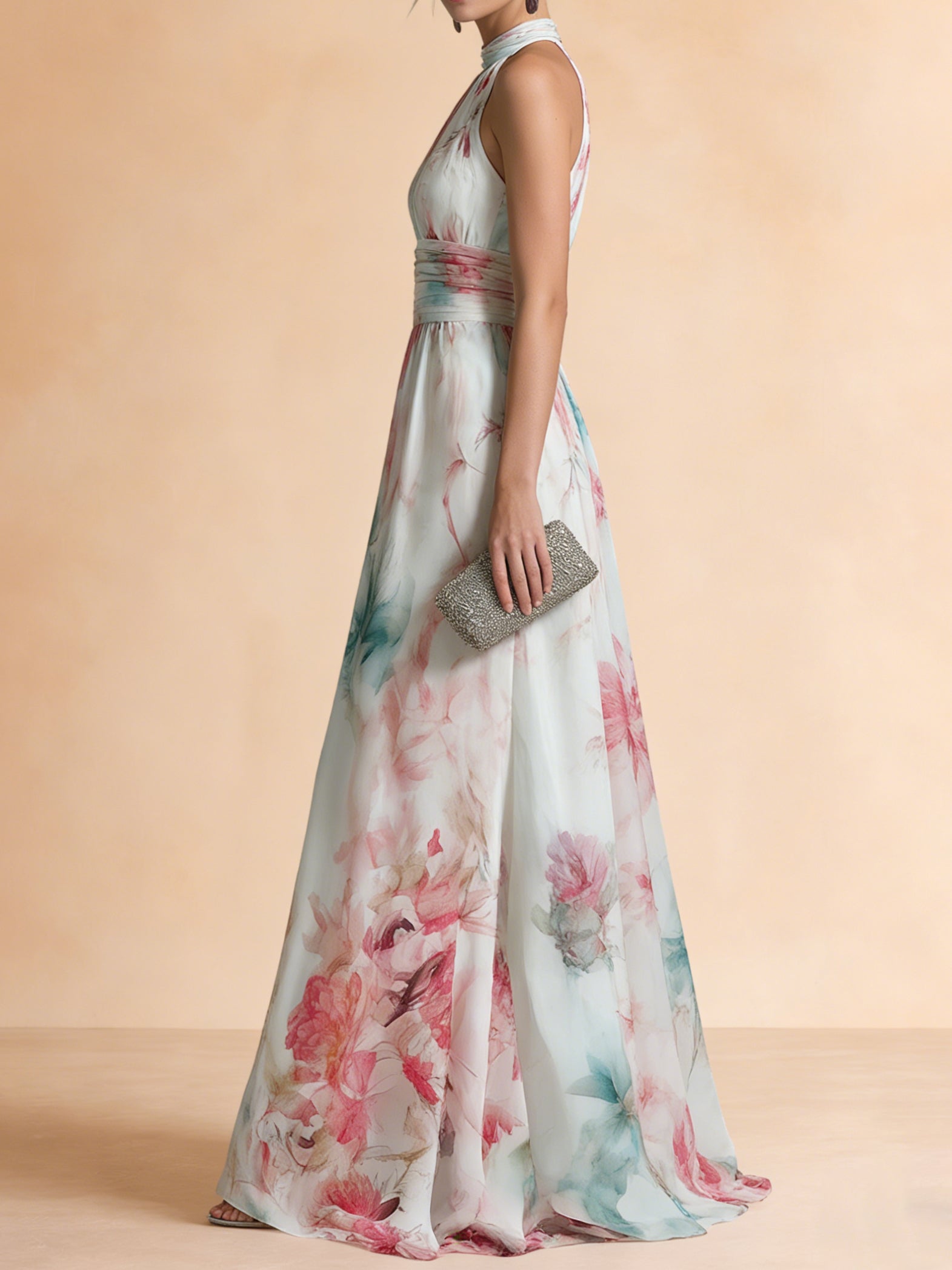 Liserie Chiffon Floral Print Halter Formal Maxi Dress